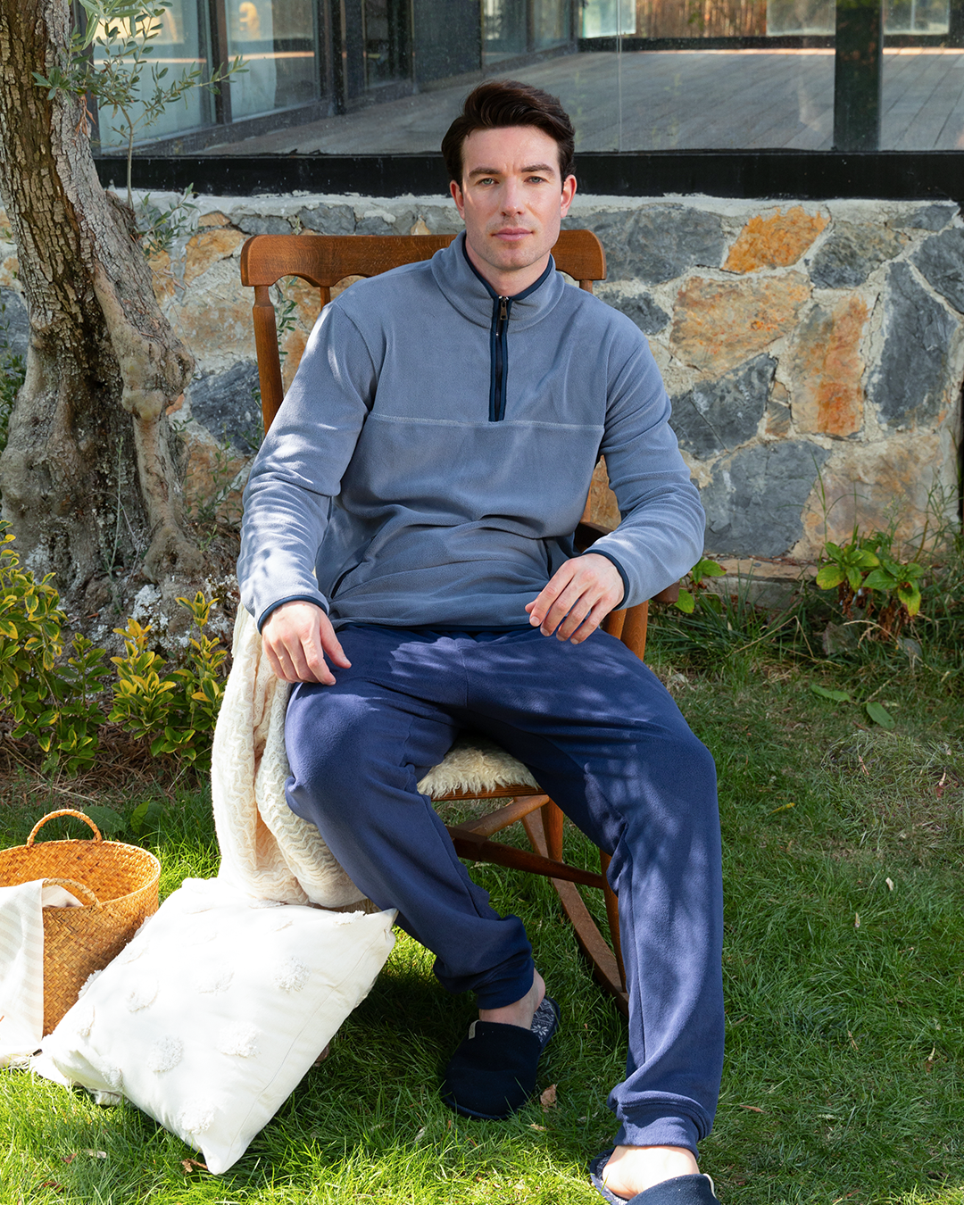 Half neck zipper men's long sleeve pajamas with half zipper