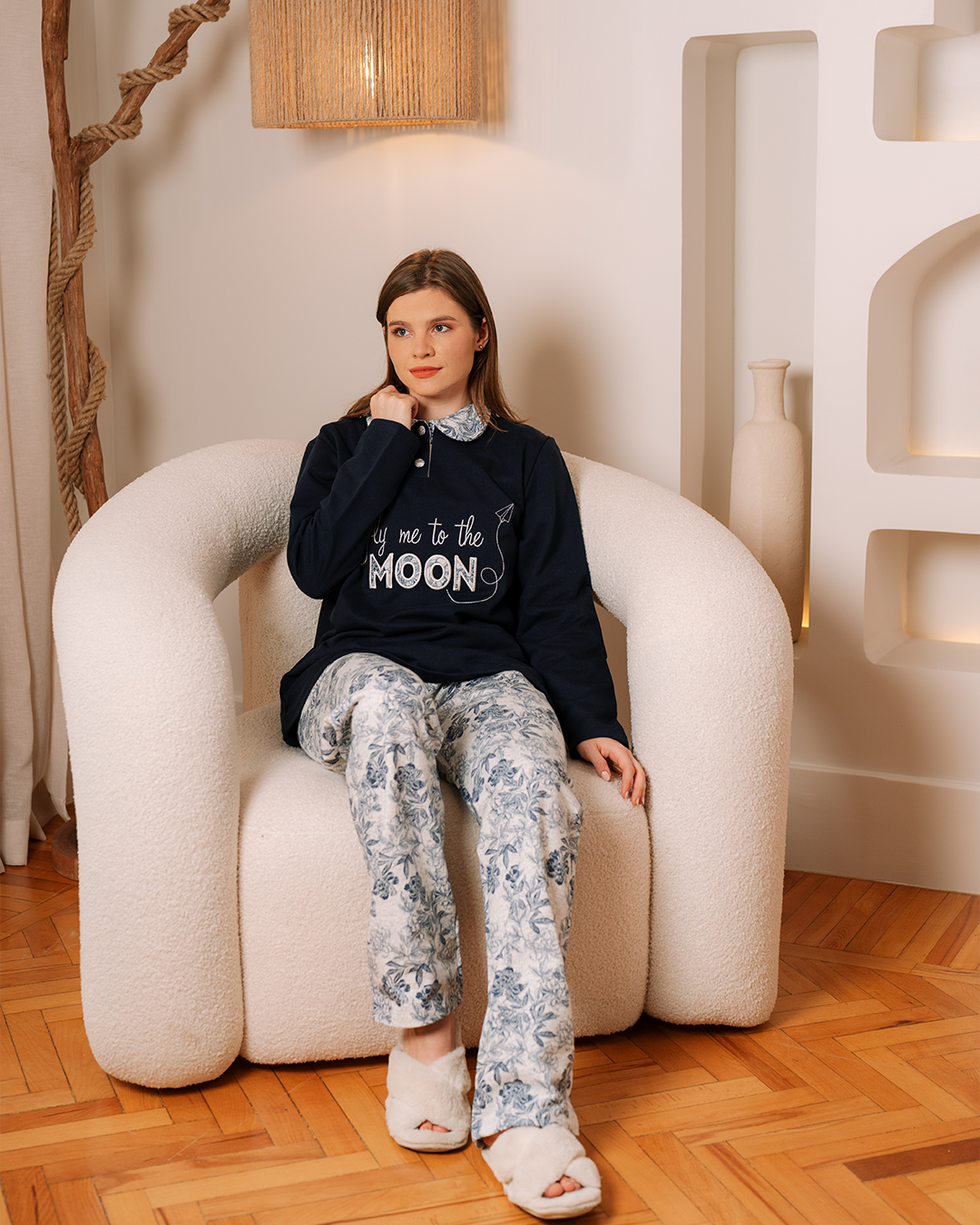 Moon Women's Pajamas Polo Shirt Embroidery on Chest Melton Checked Pants