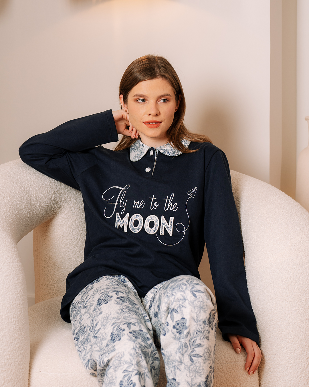 Moon Women's Pajamas Polo Shirt Embroidery on Chest Melton Checked Pants