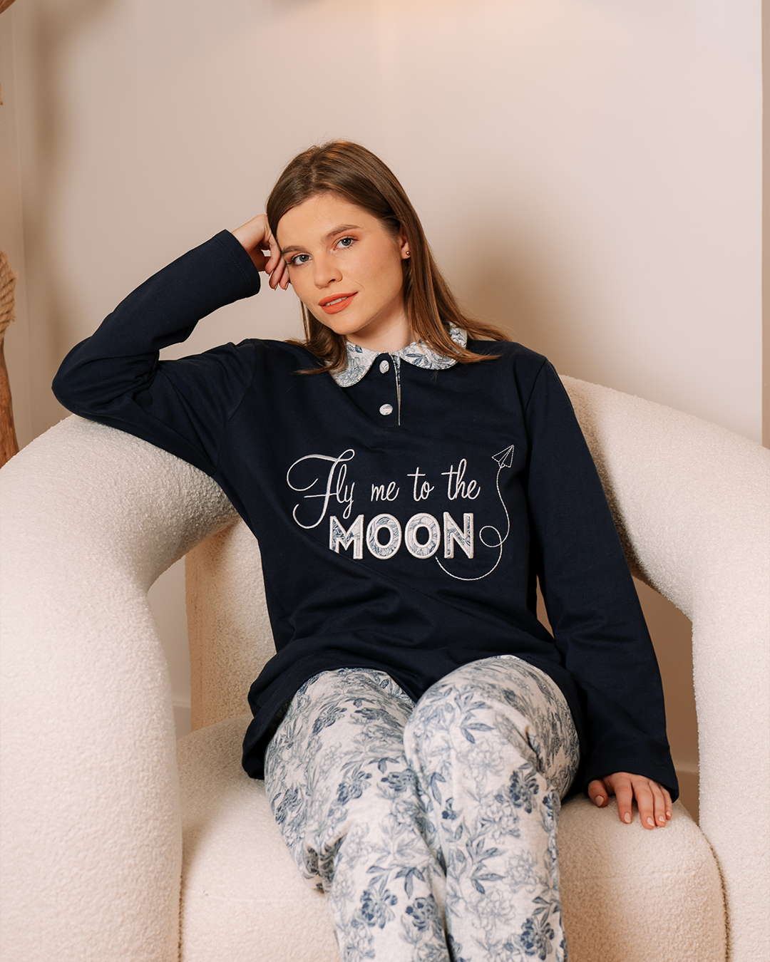 Moon Women's Pajamas Polo Shirt Embroidery on Chest Melton Checked Pants