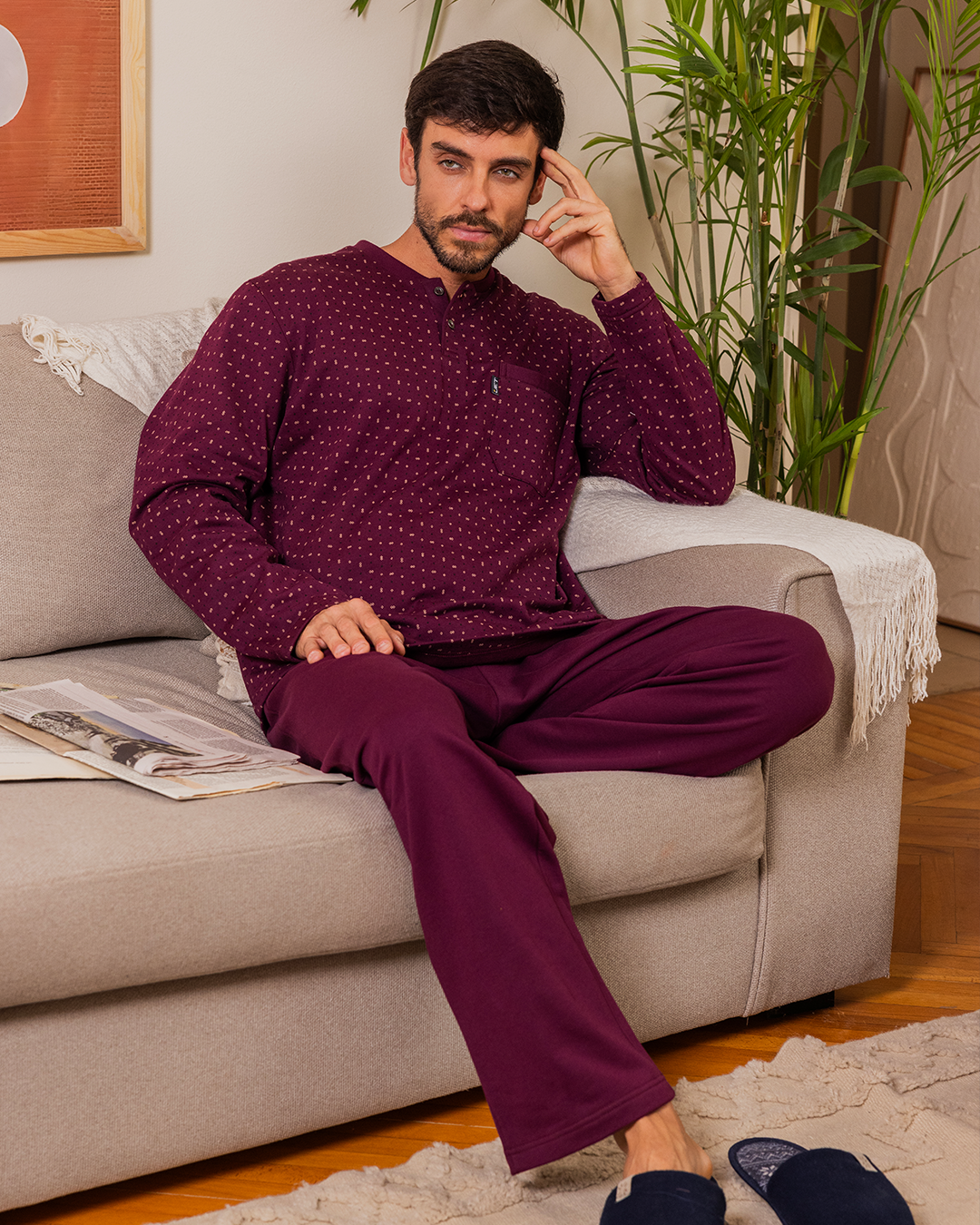 Men's pajamas, printed T-shirt, long sleeve, round neck, button-down collar, chest pocket and pants