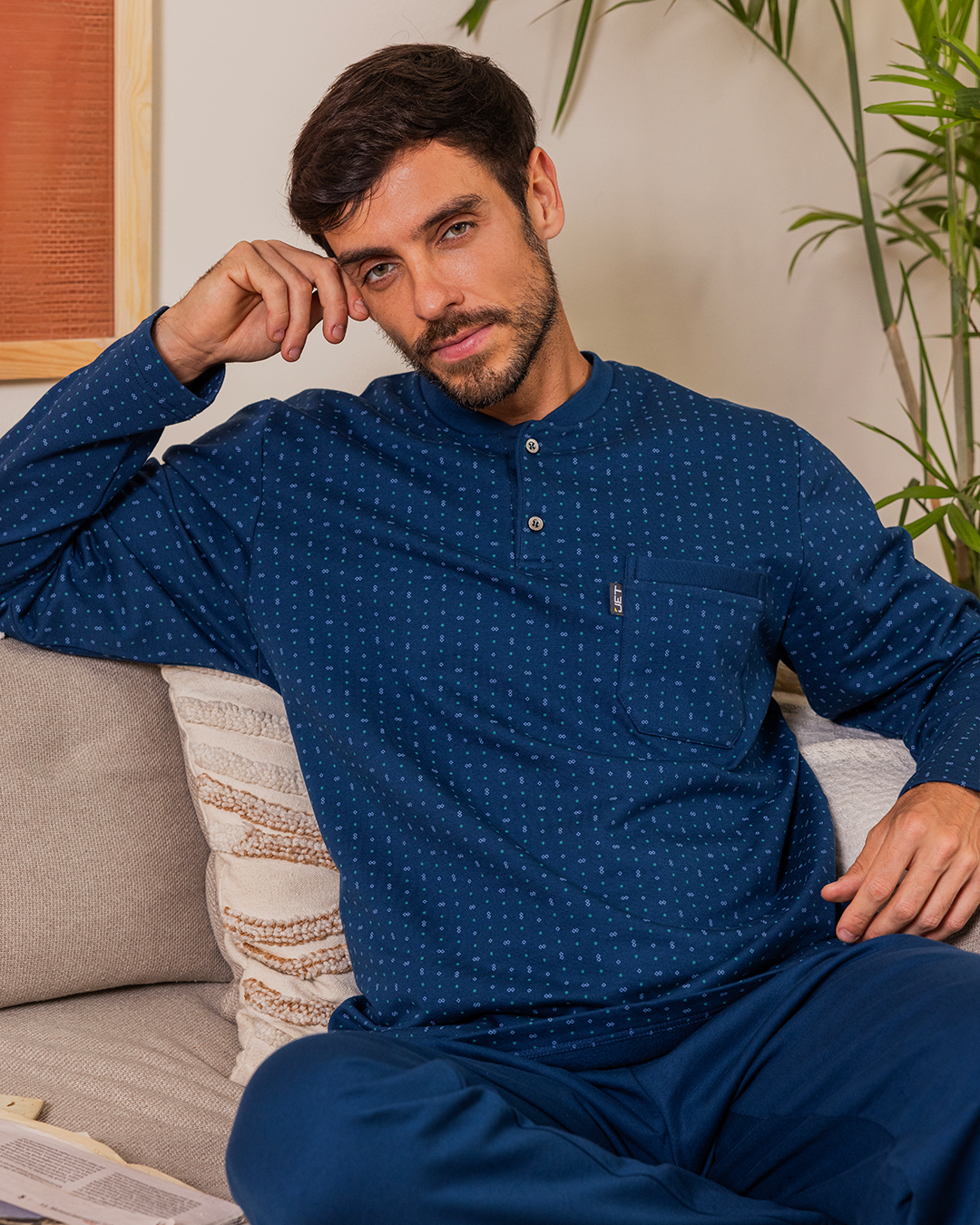 Men's pajamas, printed T-shirt, long sleeve, round neck, button-down collar, chest pocket and pants