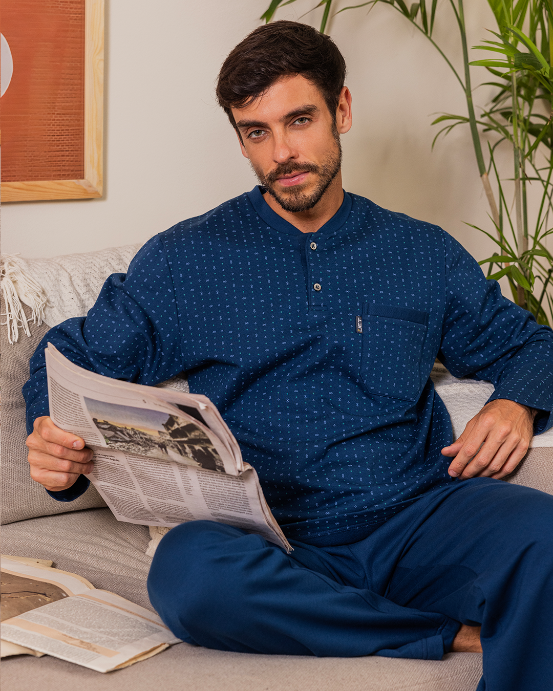 Men's pajamas, printed T-shirt, long sleeve, round neck, button-down collar, chest pocket and pants