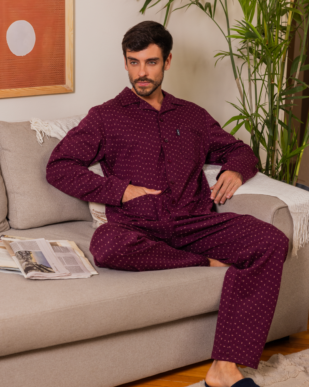 Men's classic printed pajamas, open chest pocket, long sleeves, and printed pants