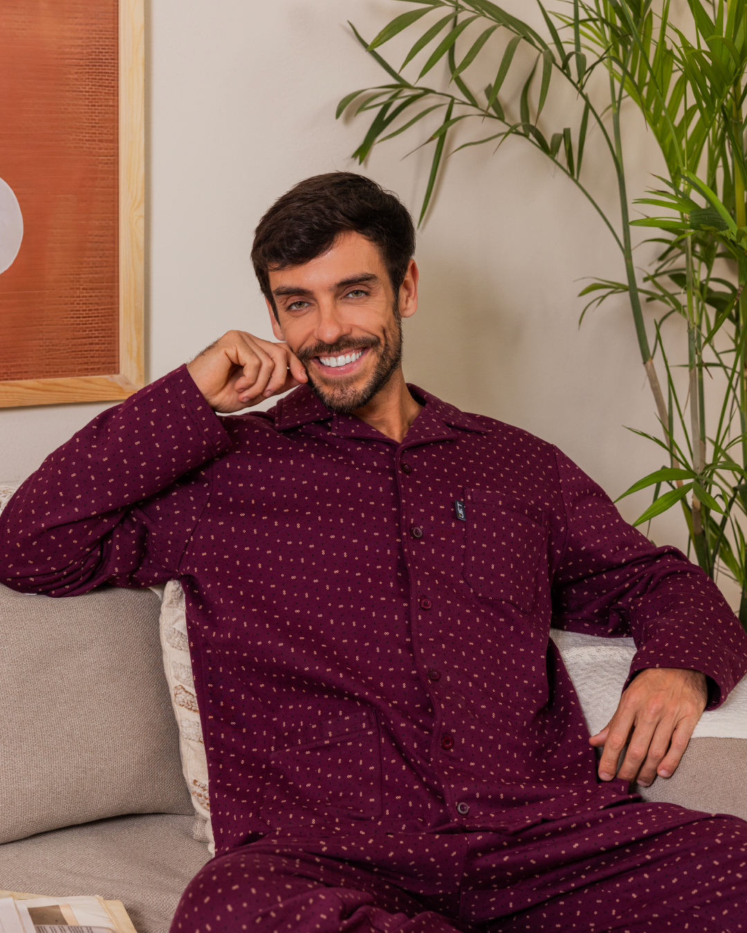 Men's classic printed pajamas, open chest pocket, long sleeves, and printed pants