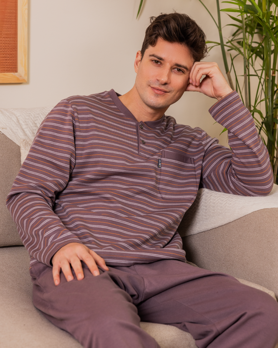 Men's Striped T-shirt with long sleeves, round neck, button-down collar, chest pocket and pants