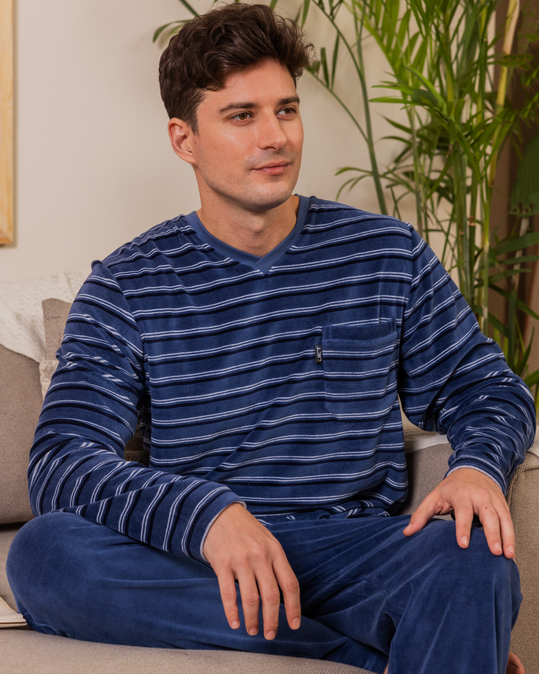 Men's Striped V-Neck Button Down Pajama Set with Chest Pocket and Plain Pants