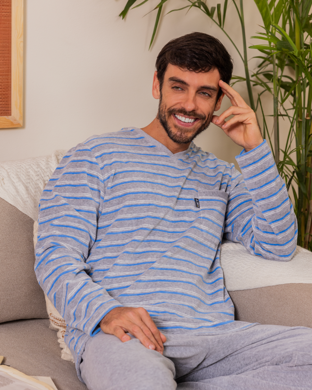 Men's Striped V-Neck Button Down Pajama Set with Chest Pocket and Plain Pants