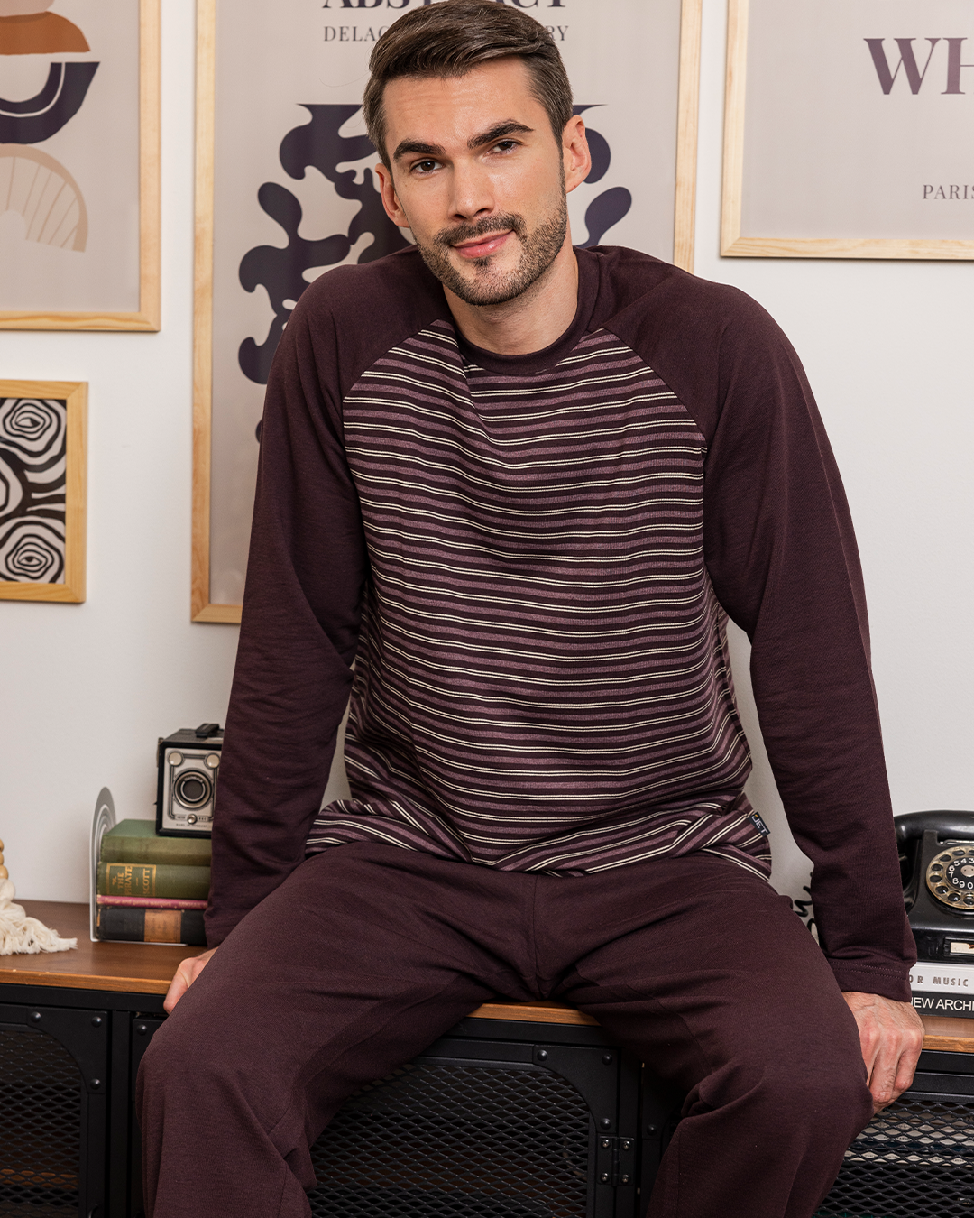 Men's plain wide striped pajamas*, casual striped long sleeve raglan jacket