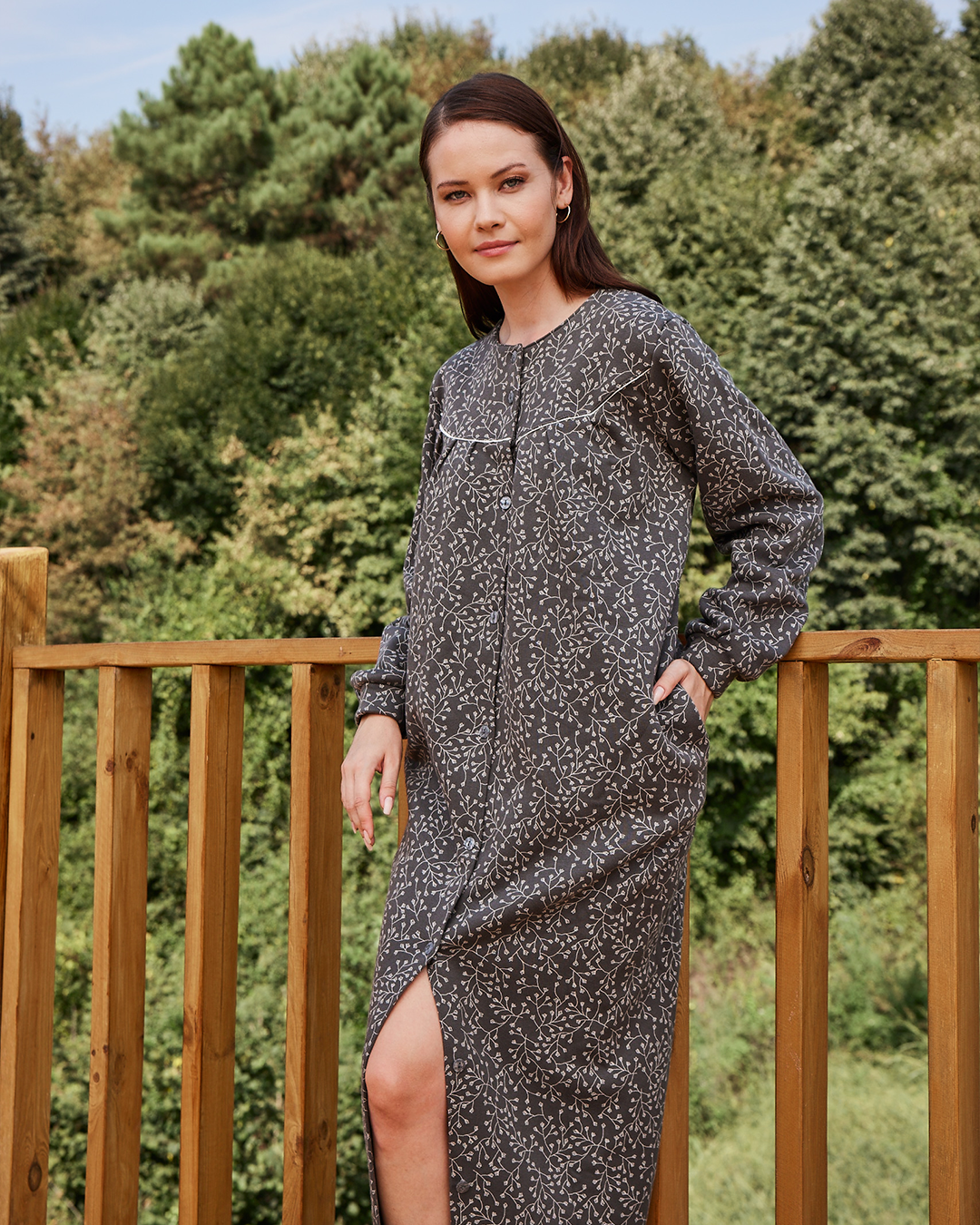 Ladies's  Printed Fleece Long-sleeve buttons nightgown