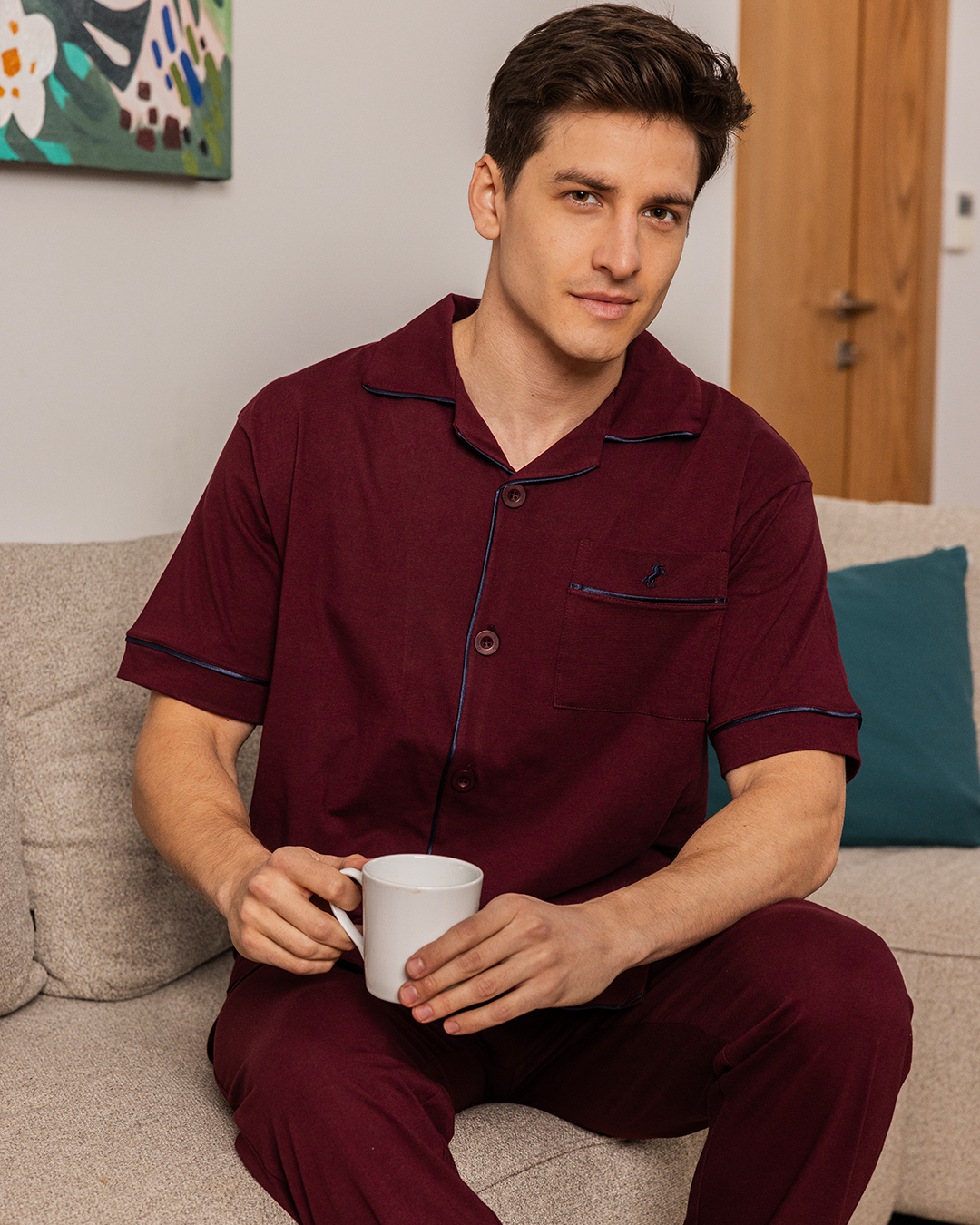 Men's pajamas with open half-sleeve buttons and horse embroidery trousers