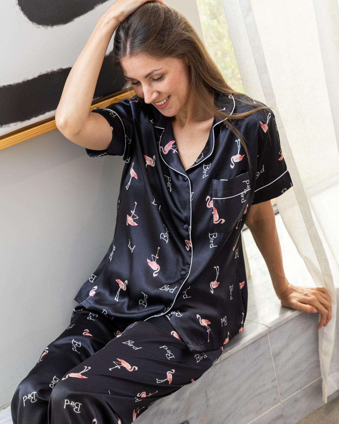 Classic women's pajamas, half sleeves, flamingo