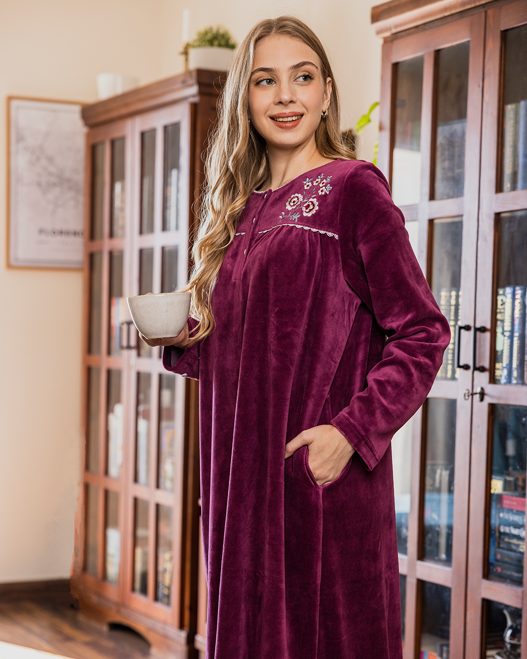 Women's nightgown, velor, round neck, embroidered on the shoulders