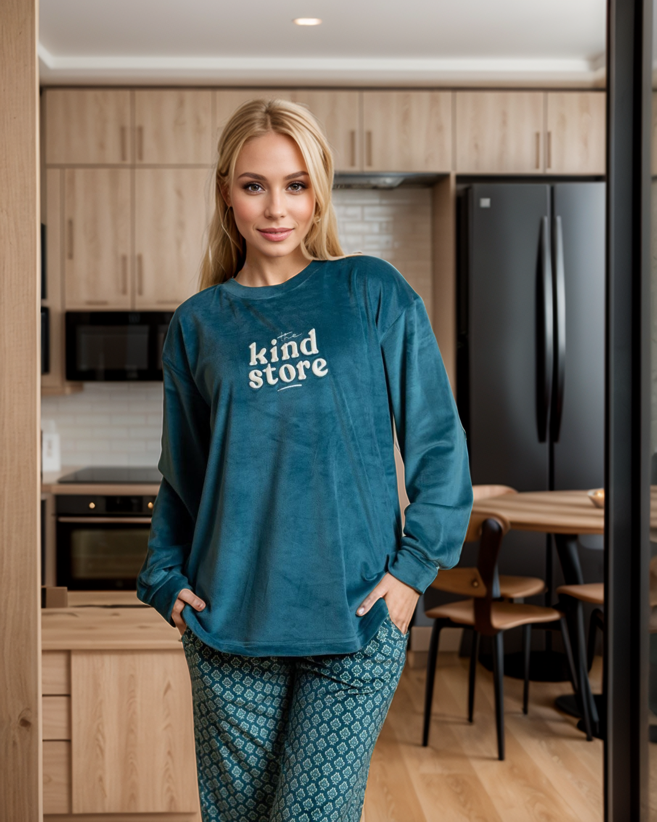 The Kind Story Women's Pajamas Velvet T-shirt with printed sleeves on the chest and patterned pants