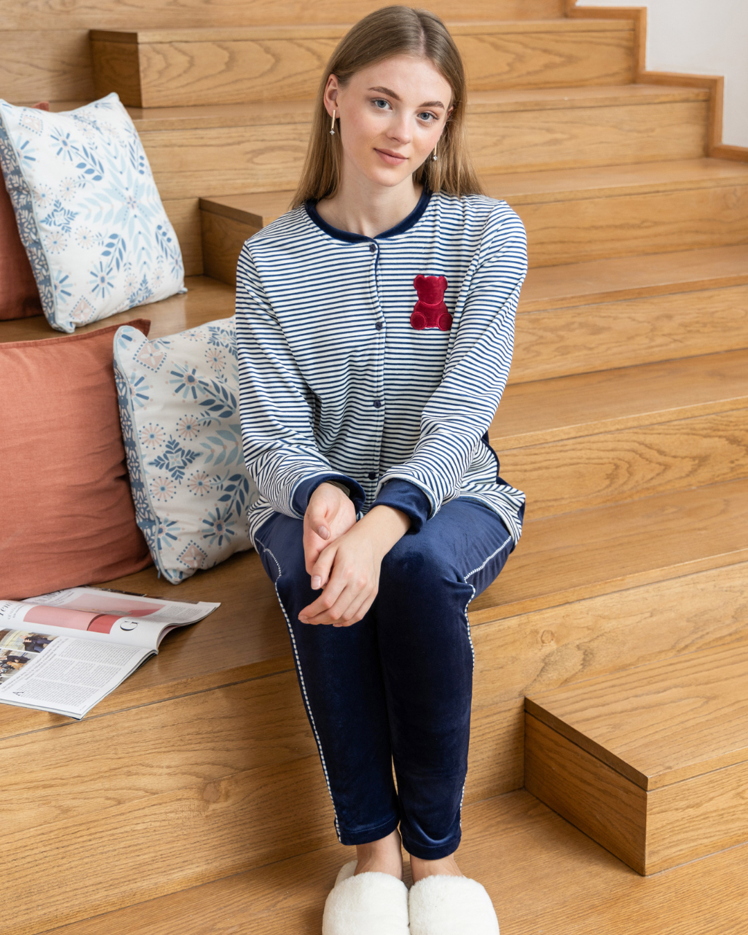 Women's velor pajamas with a fully striped sweater