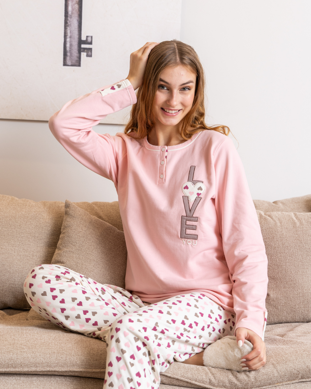 Love Women's Long Sleeve Pajamas with Hearts Print + Embroidery