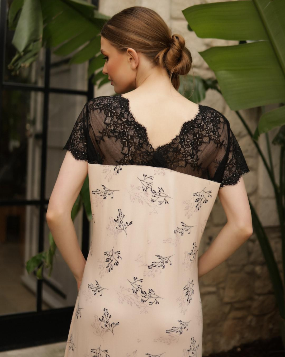 Women's short shirt with half sleeves, lace back, and floral lace