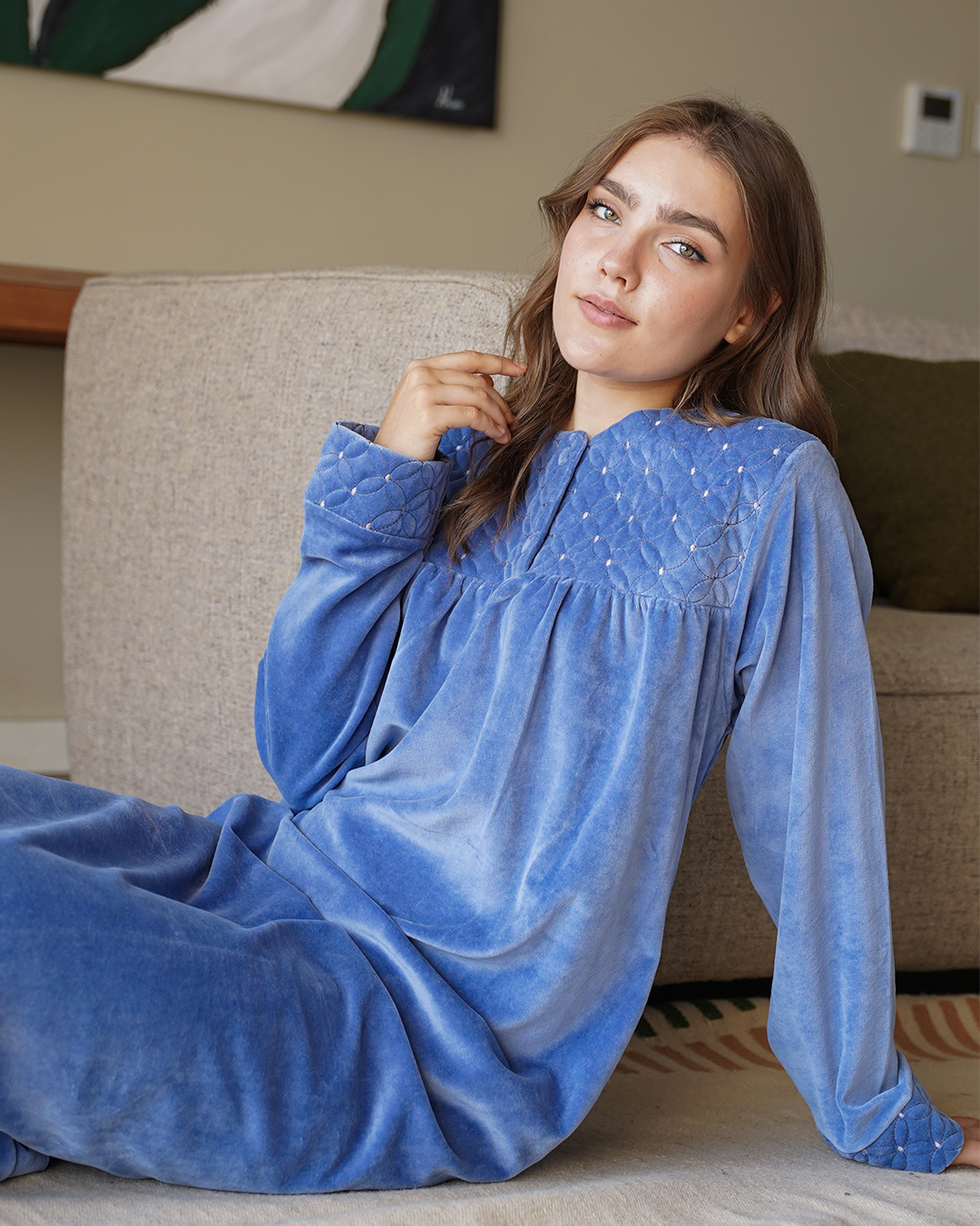 Women's nightgown with velvet embroidery