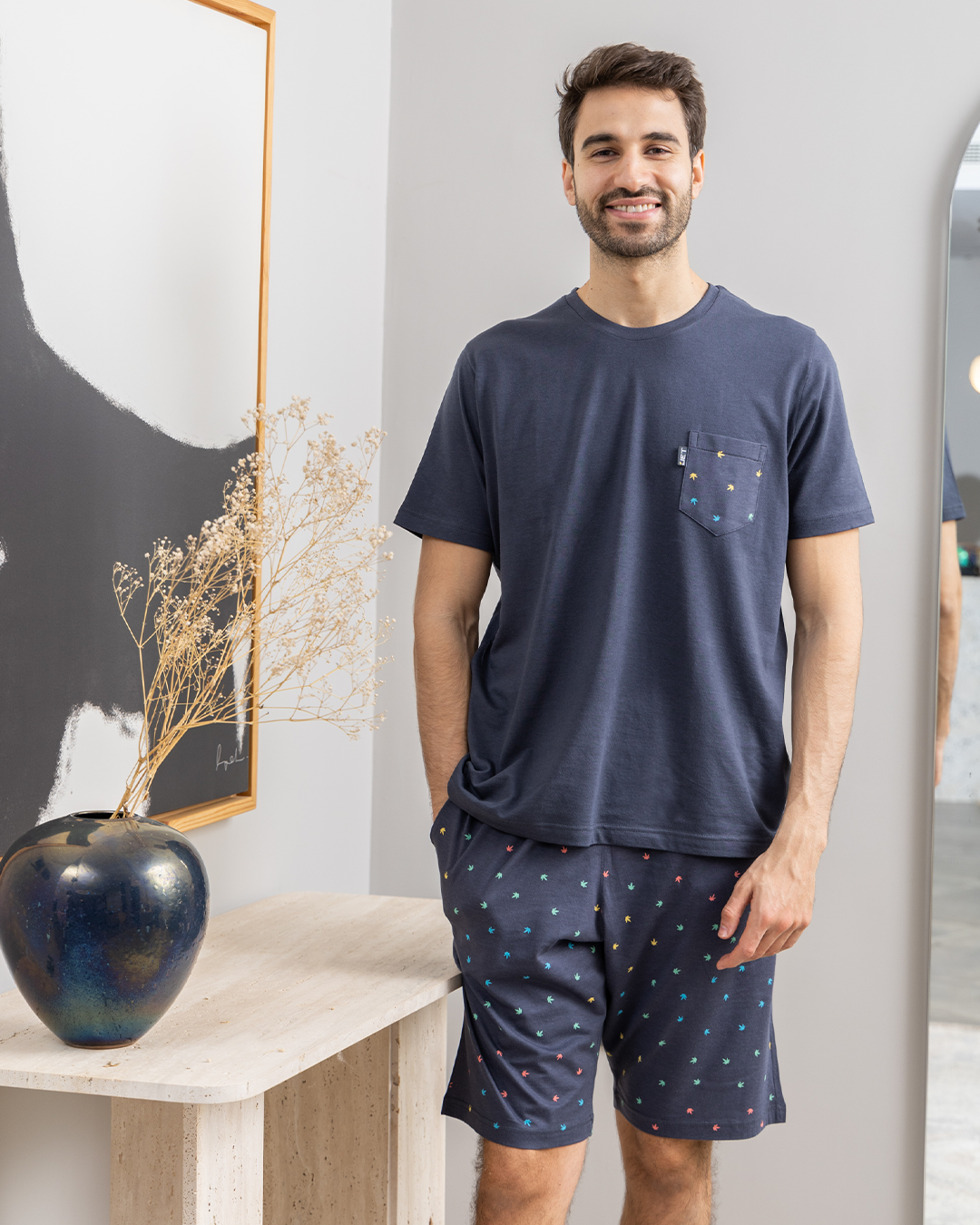 Men's pajamas, round shorts, printed bodice pocket