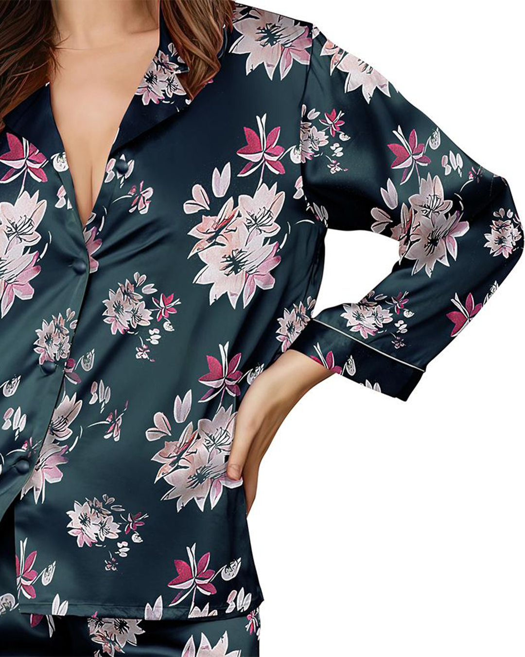 Women's pajamas with satin buttons, rosewood