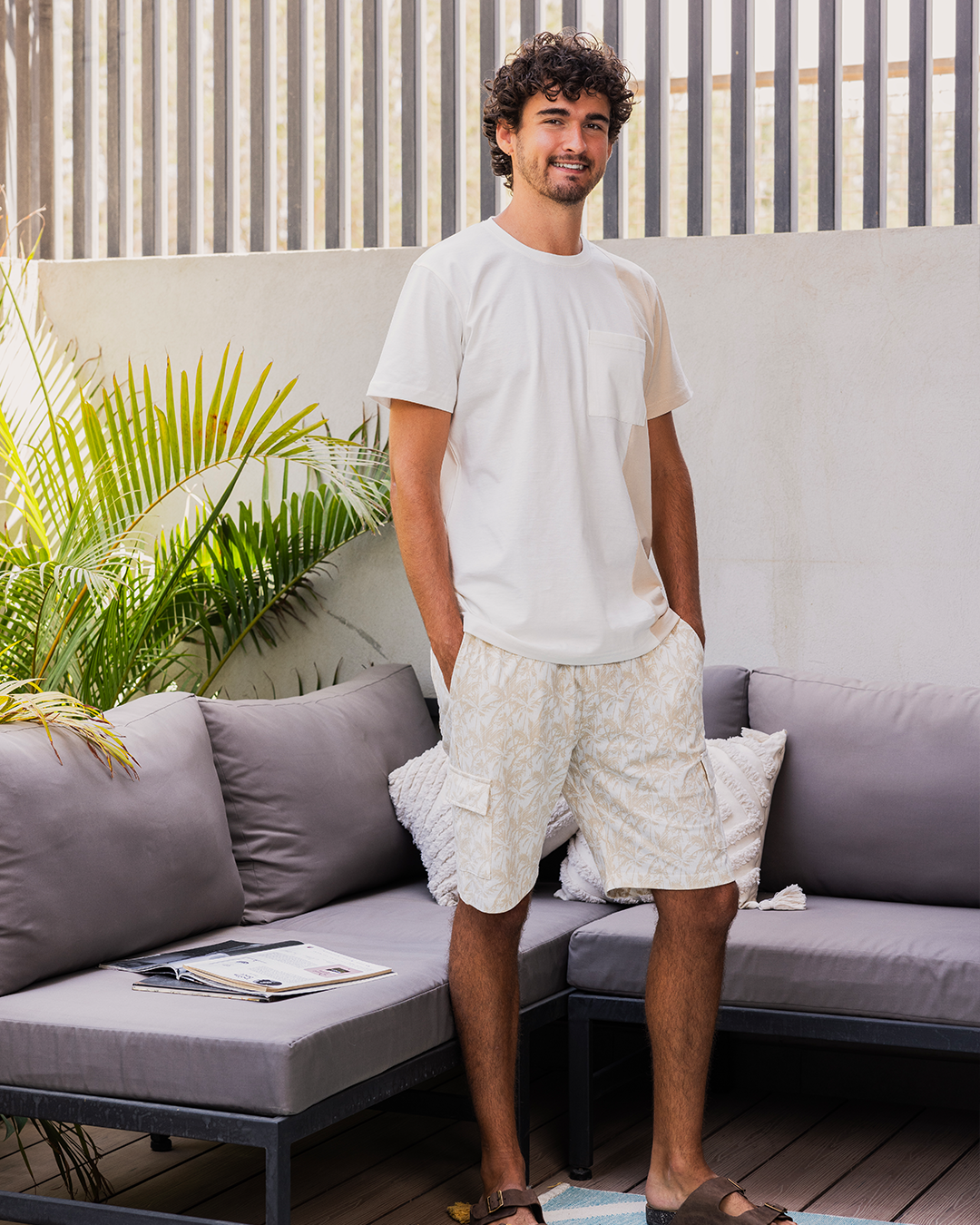 Tropical palms Men's half-sleeved pajamas and cotton shorts