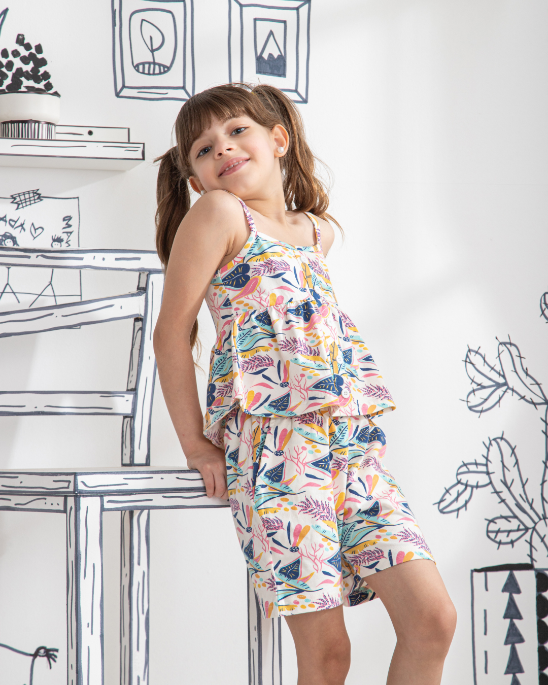 Tropical Summer kids girls pajamas  Sleeveless Top And Shorts Set