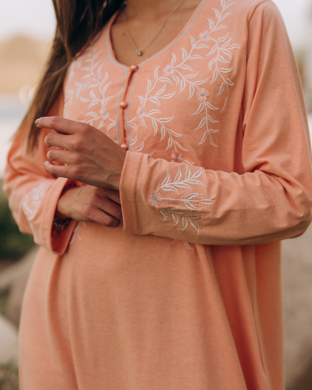 Women's shirt with rhubarb sleeves, buttons embroidered with branches