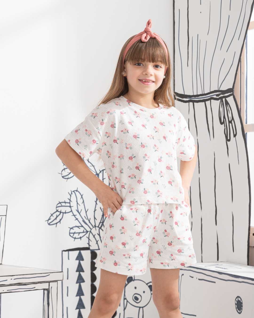 Floral Pointelle Girls' half-sleeved pajamas and shorts printed with roses