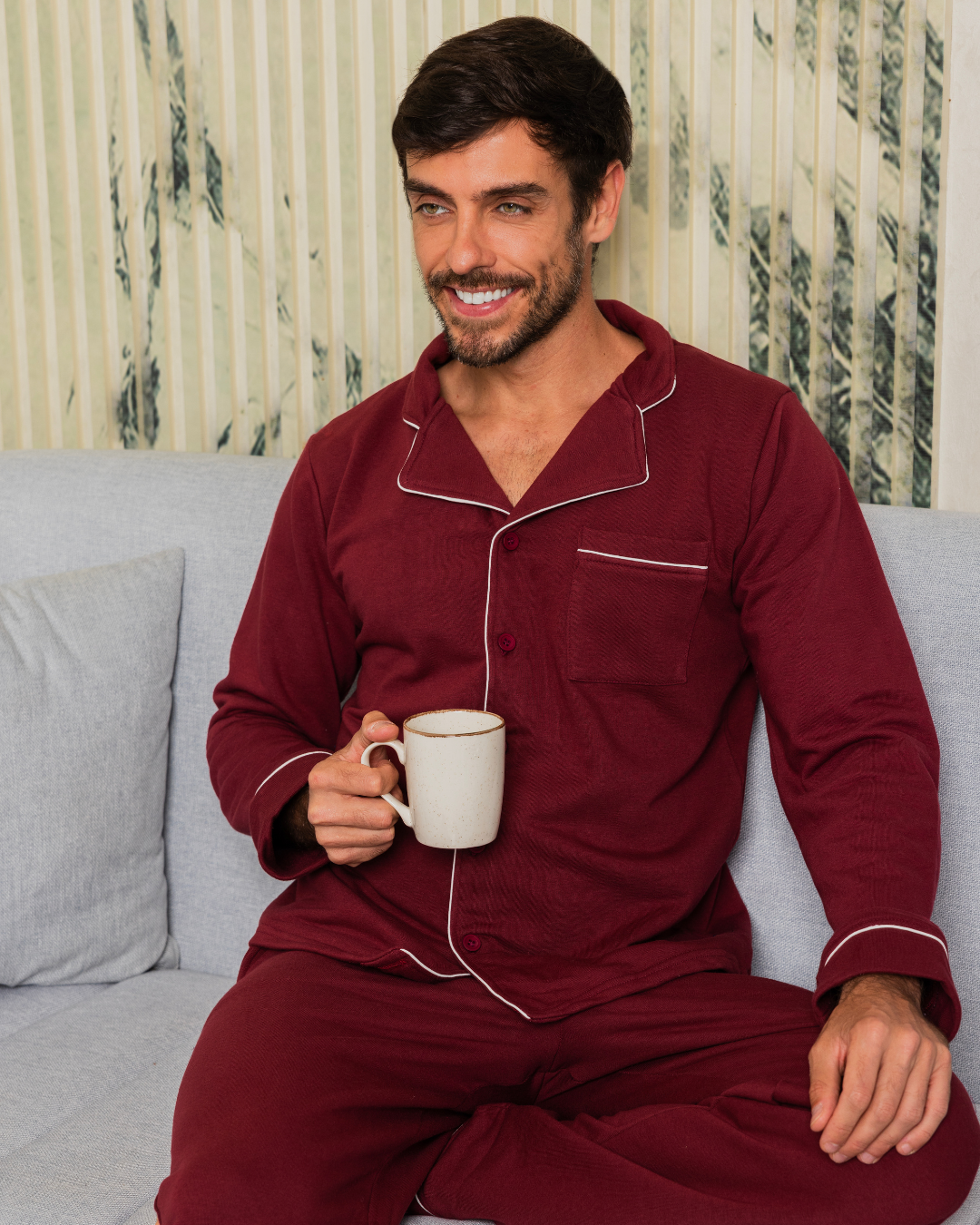 Men's pajamas with buttons and long sleeves