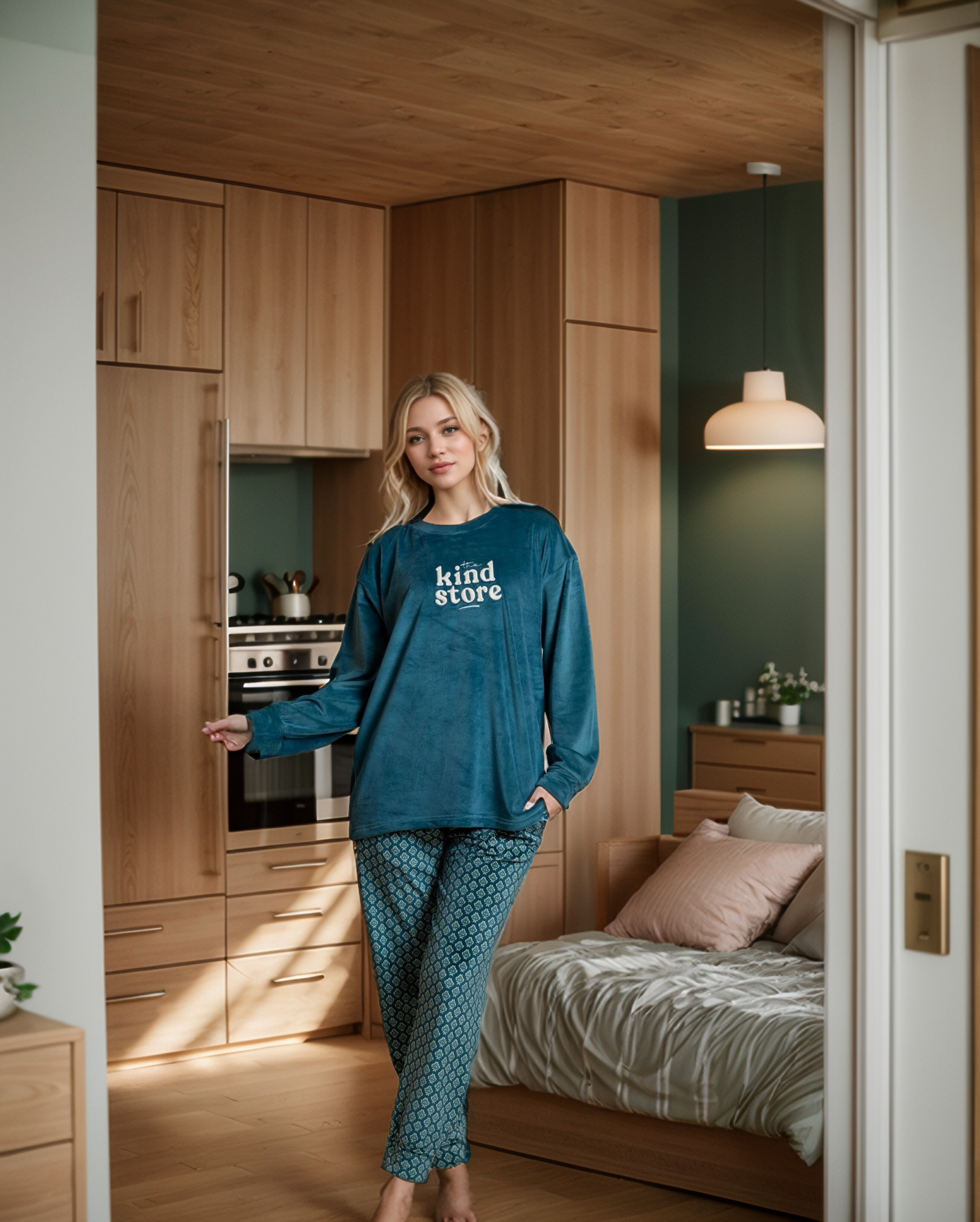 The Kind Story Women's Pajamas Velvet T-shirt with printed sleeves on the chest and patterned pants