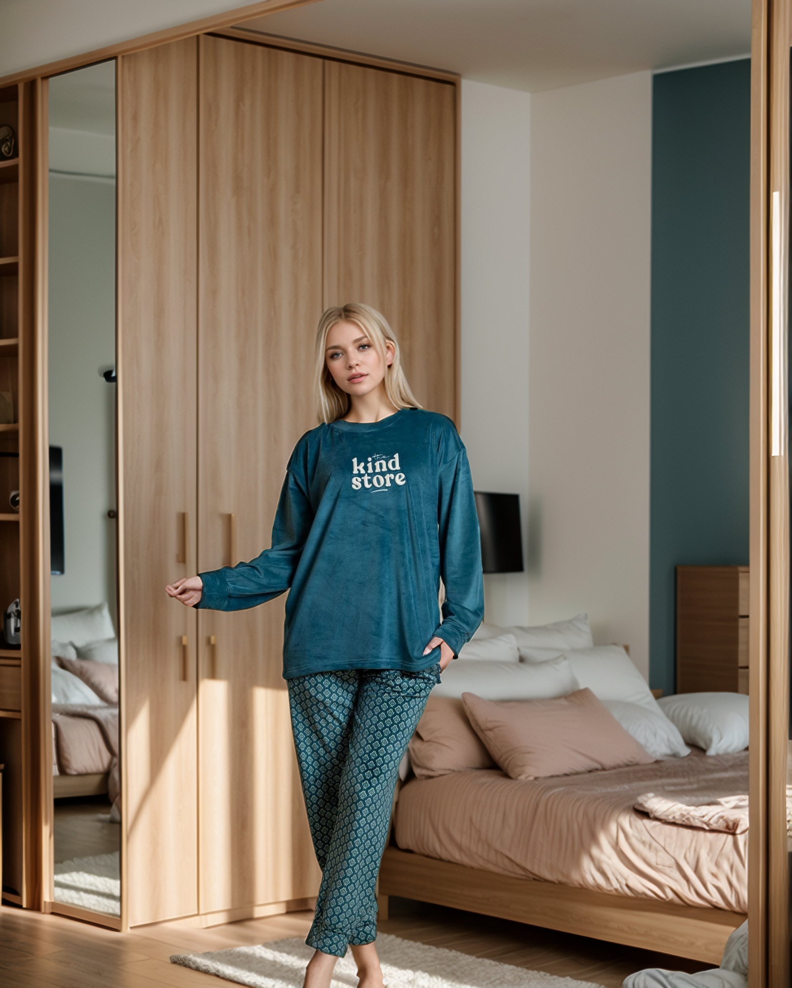 The Kind Story Women's Pajamas Velvet T-shirt with printed sleeves on the chest and patterned pants