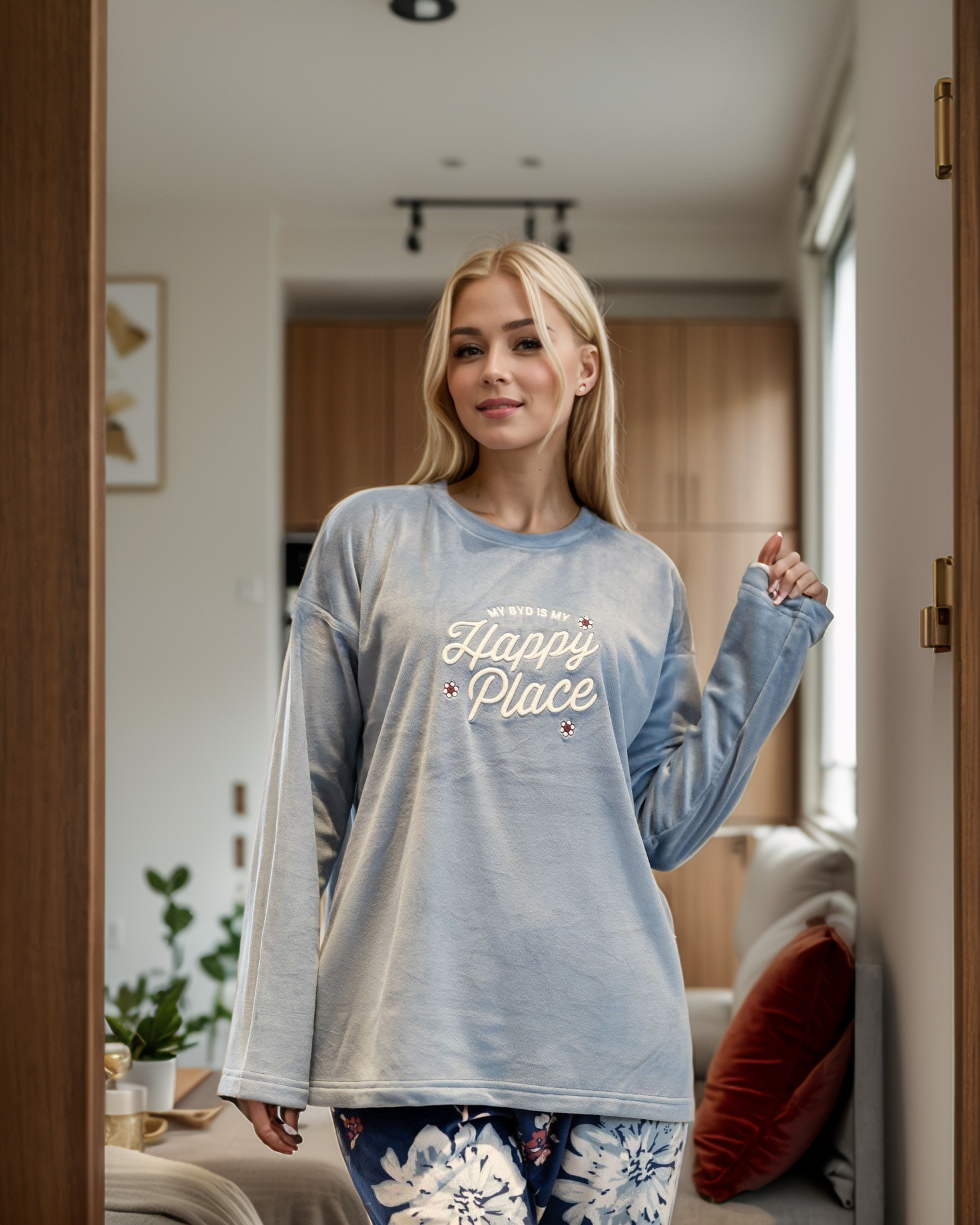 Happy Place Women's Velvet Pajamas, T-shirt with printed sleeves on the chest and floral patterned pants