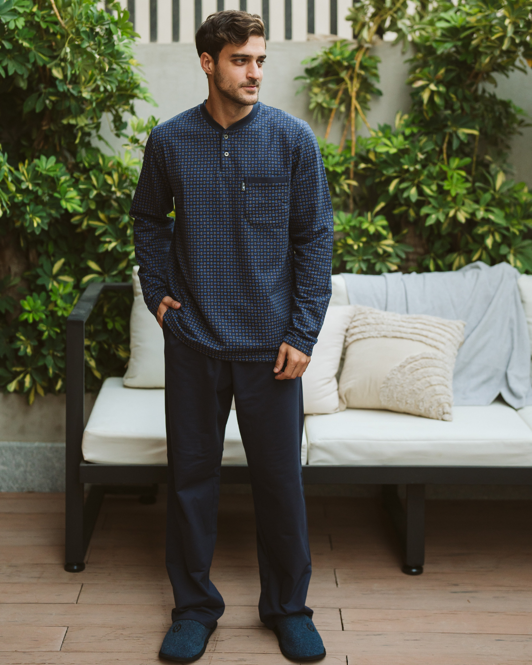 Men's plain dyed-printed pajamas, long-sleeved dyed-printed jacket with a round neck and buttoned collar