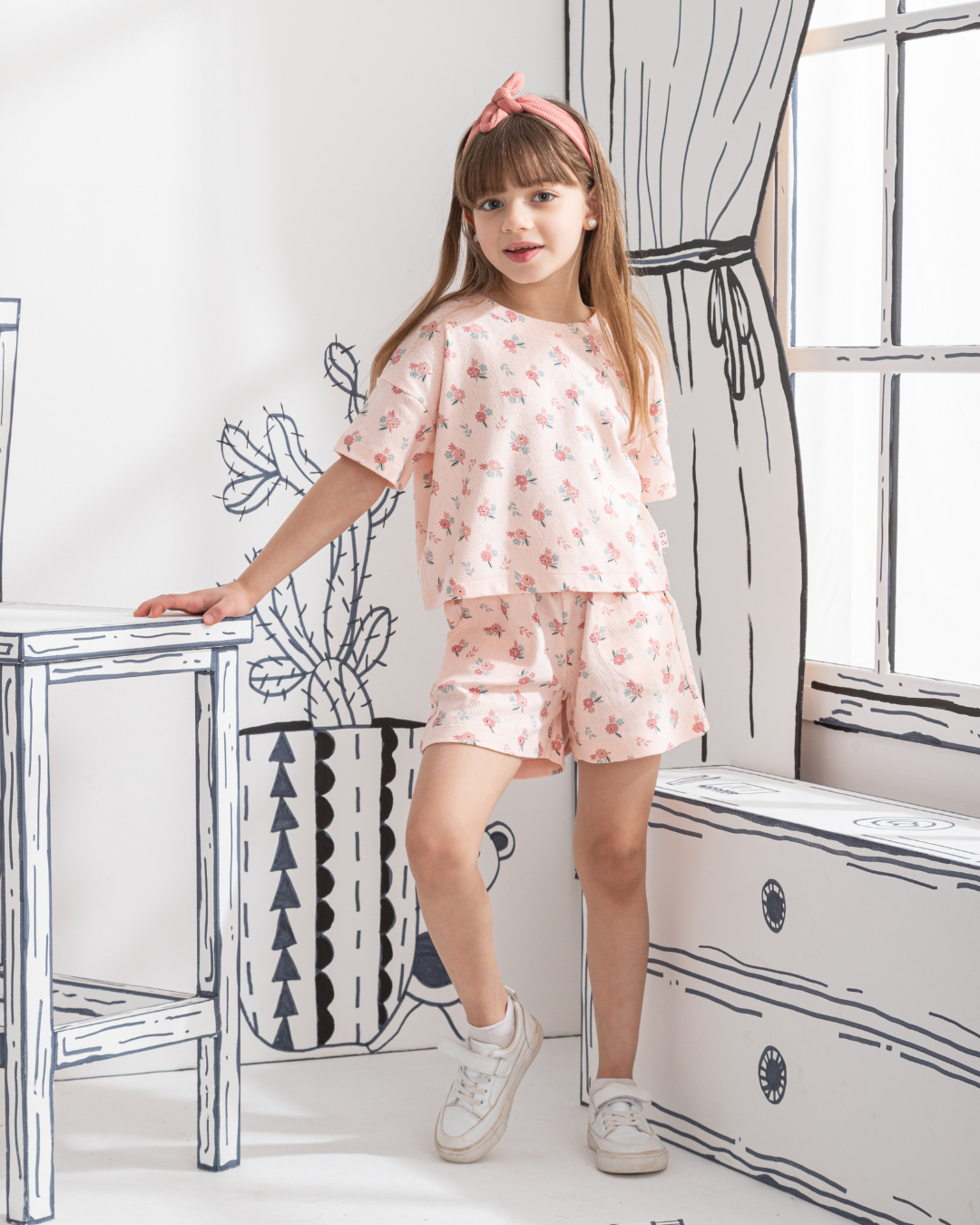 Floral Pointelle Girls' half-sleeved pajamas and shorts printed with roses