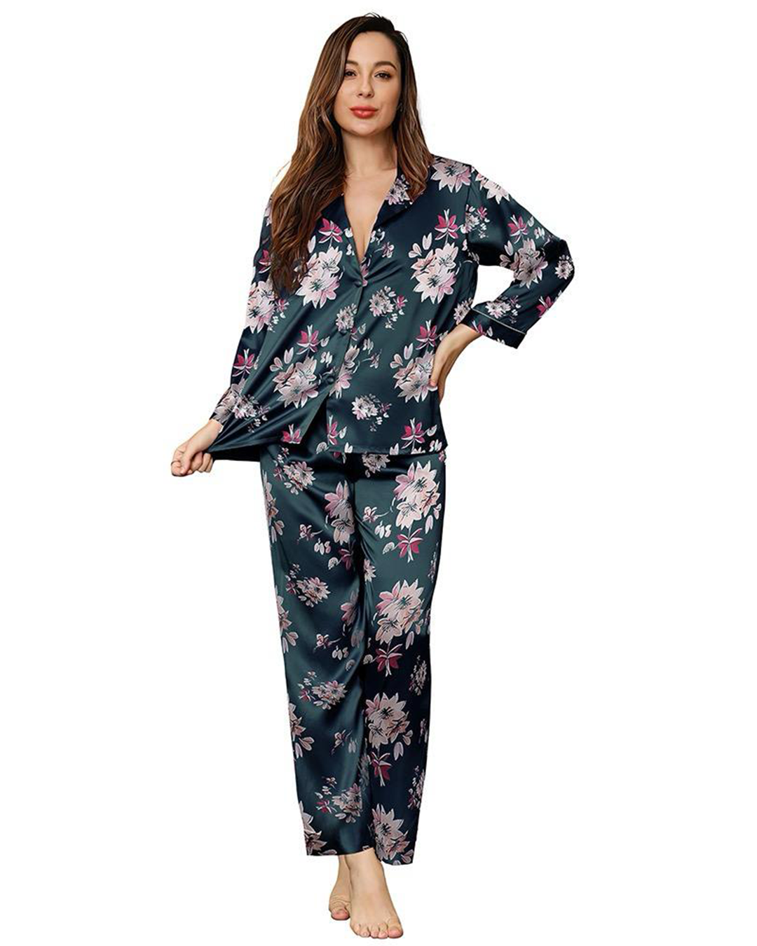 Women's pajamas with satin buttons, rosewood