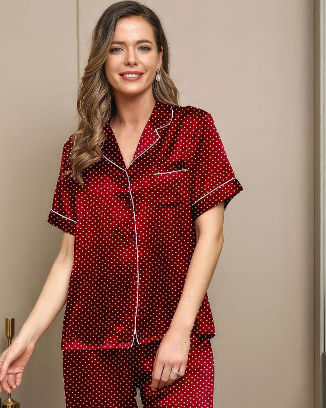 Women's pajamas, satin, dotted, buttons, half sleeves