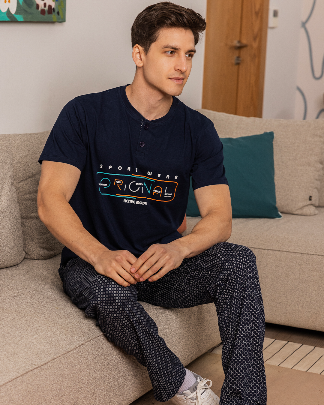 Men's half-sleeve pajamas, double-breasted polo, and rhombic rotary trousers