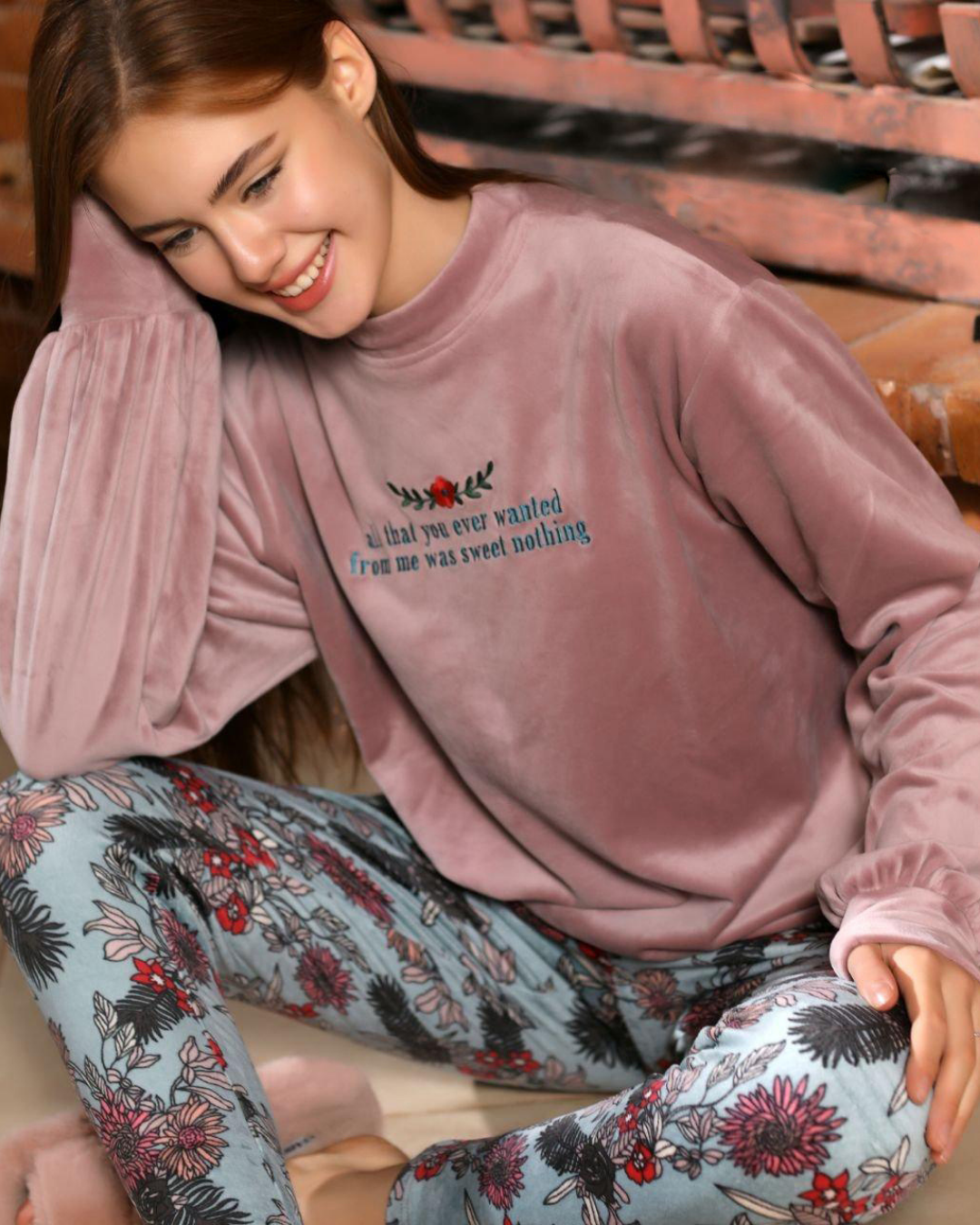 all that you ever wanted Women's pajamas with a rose print on the chest