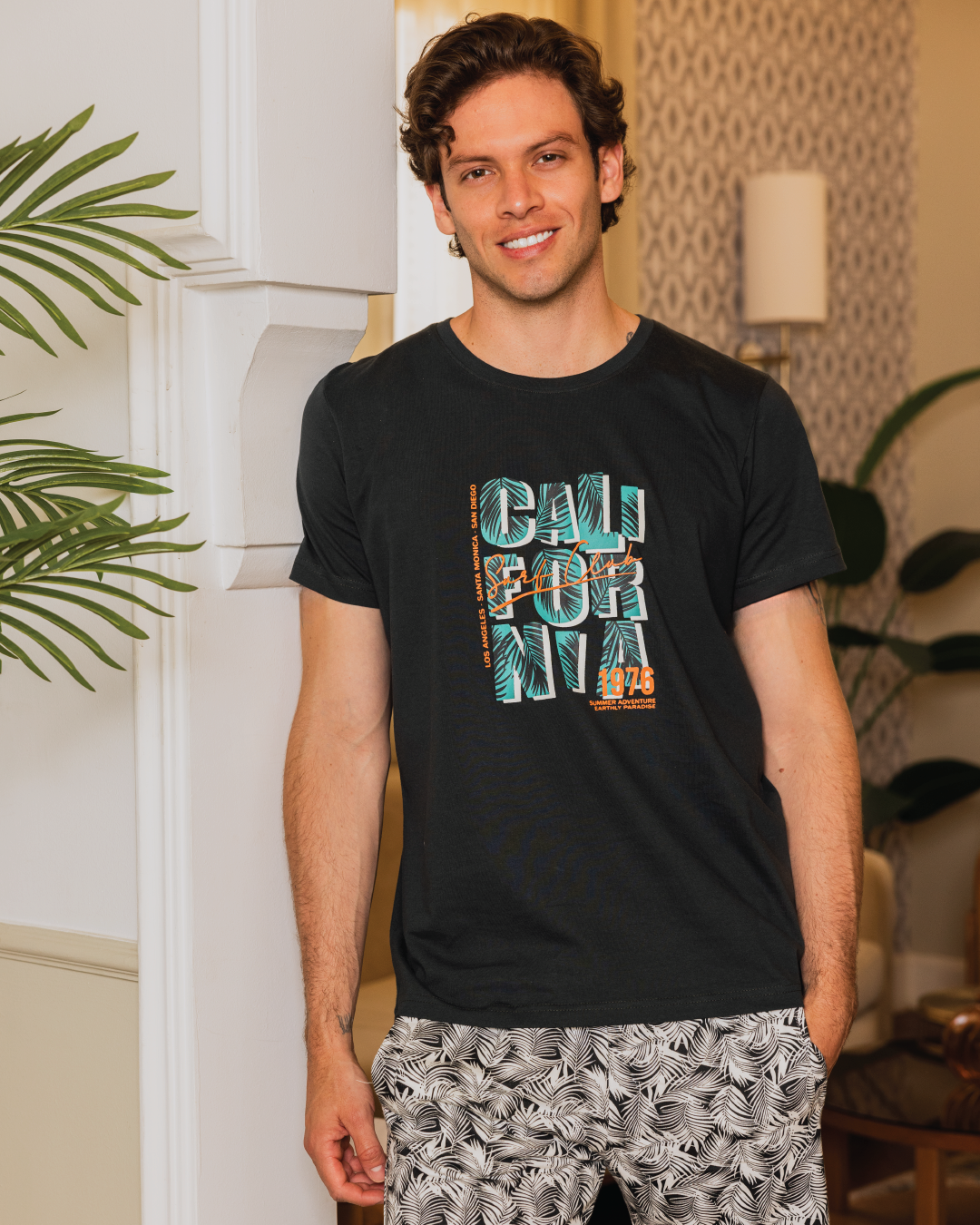 California men's half-sleeved pajamas and printed cotton shorts