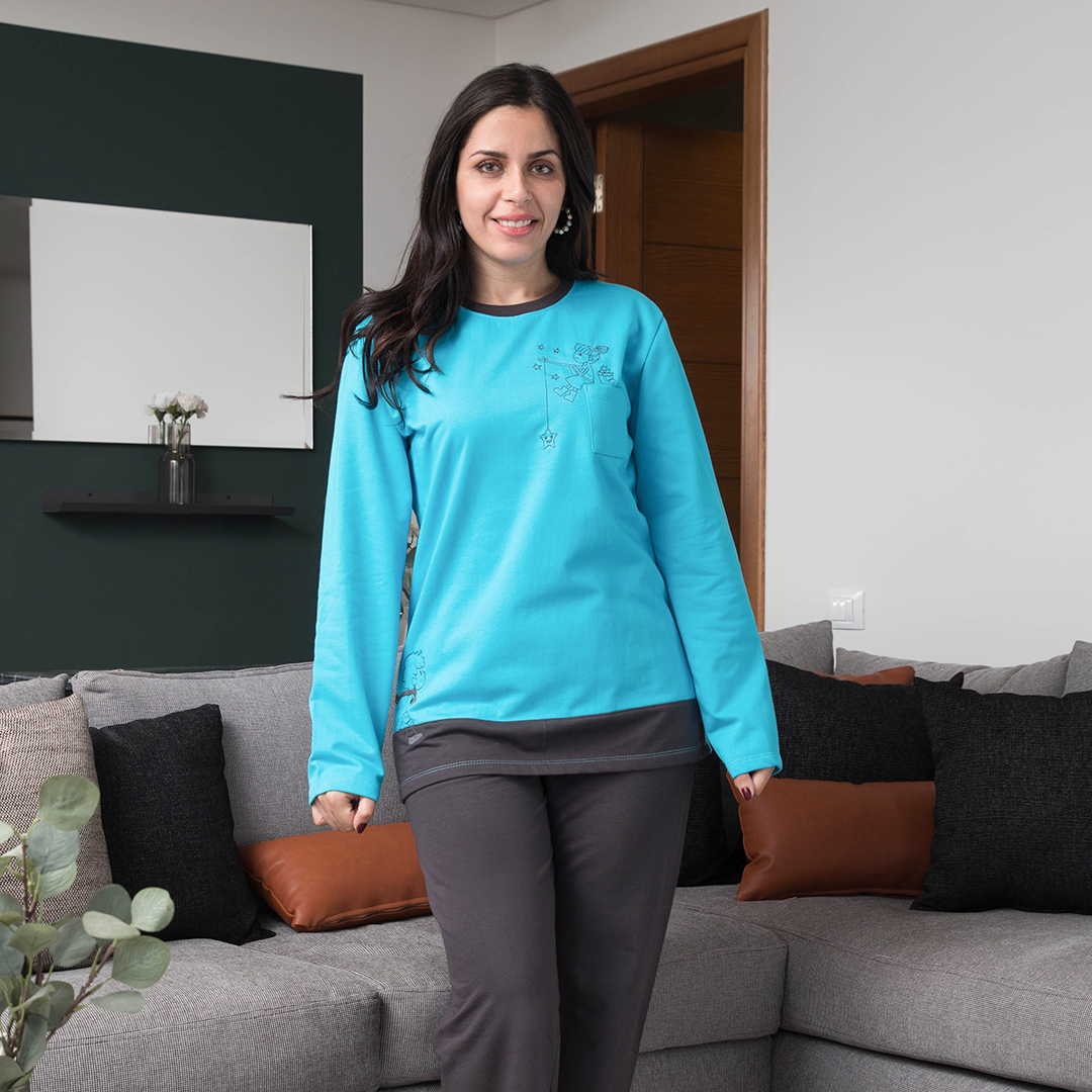 Colorful women's pajamas with an embroidery pocket on the chest