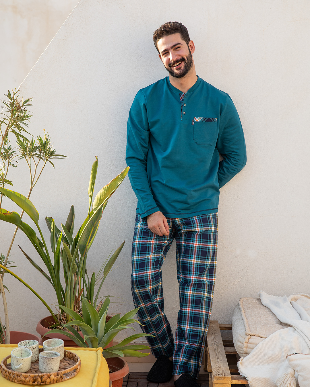 Men's pajamas with a button-up neck and checkered pants