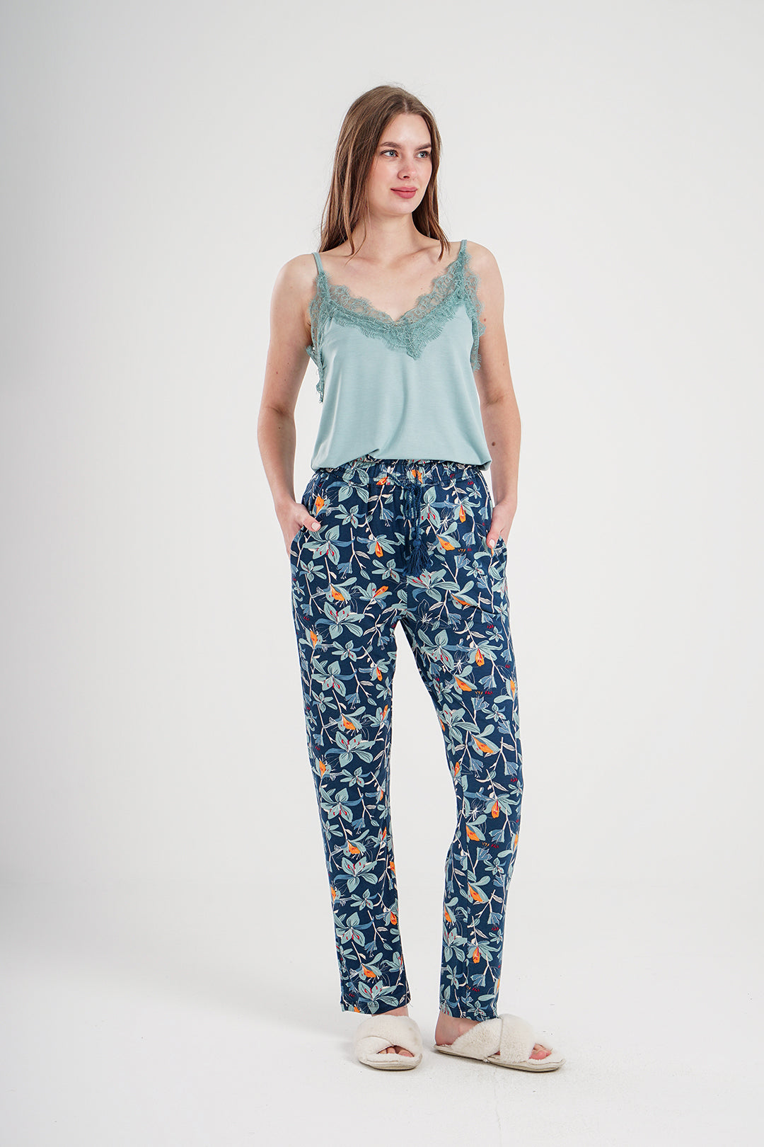 Pajama pants, women's top, suspender, lace, printed pants