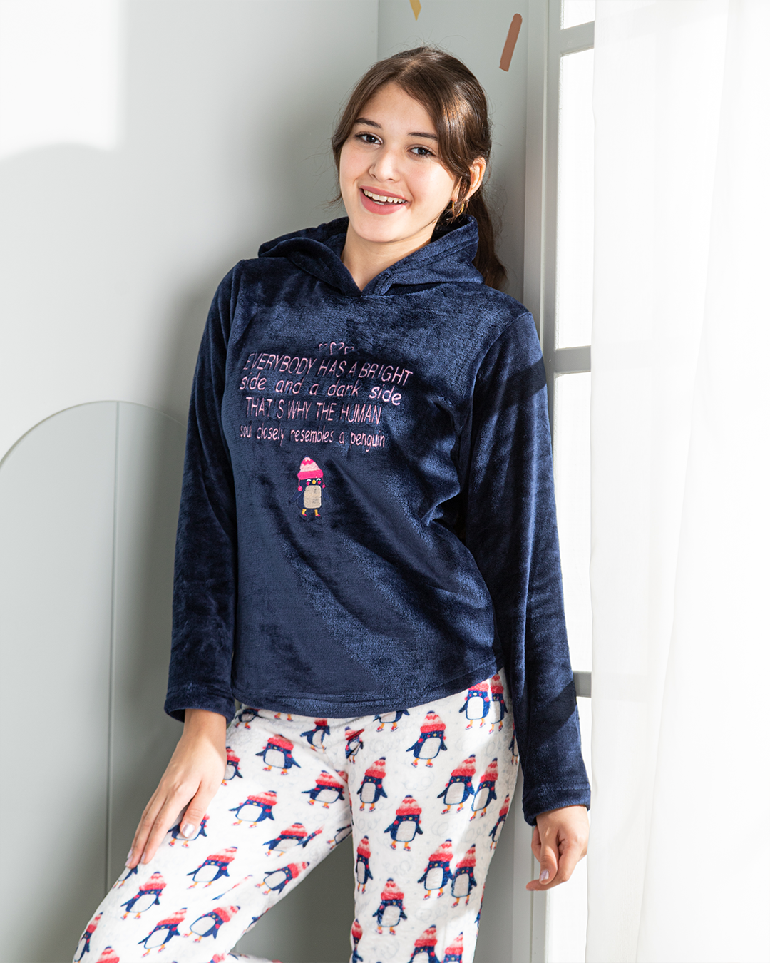  girls' pajamas are plush with a penguin