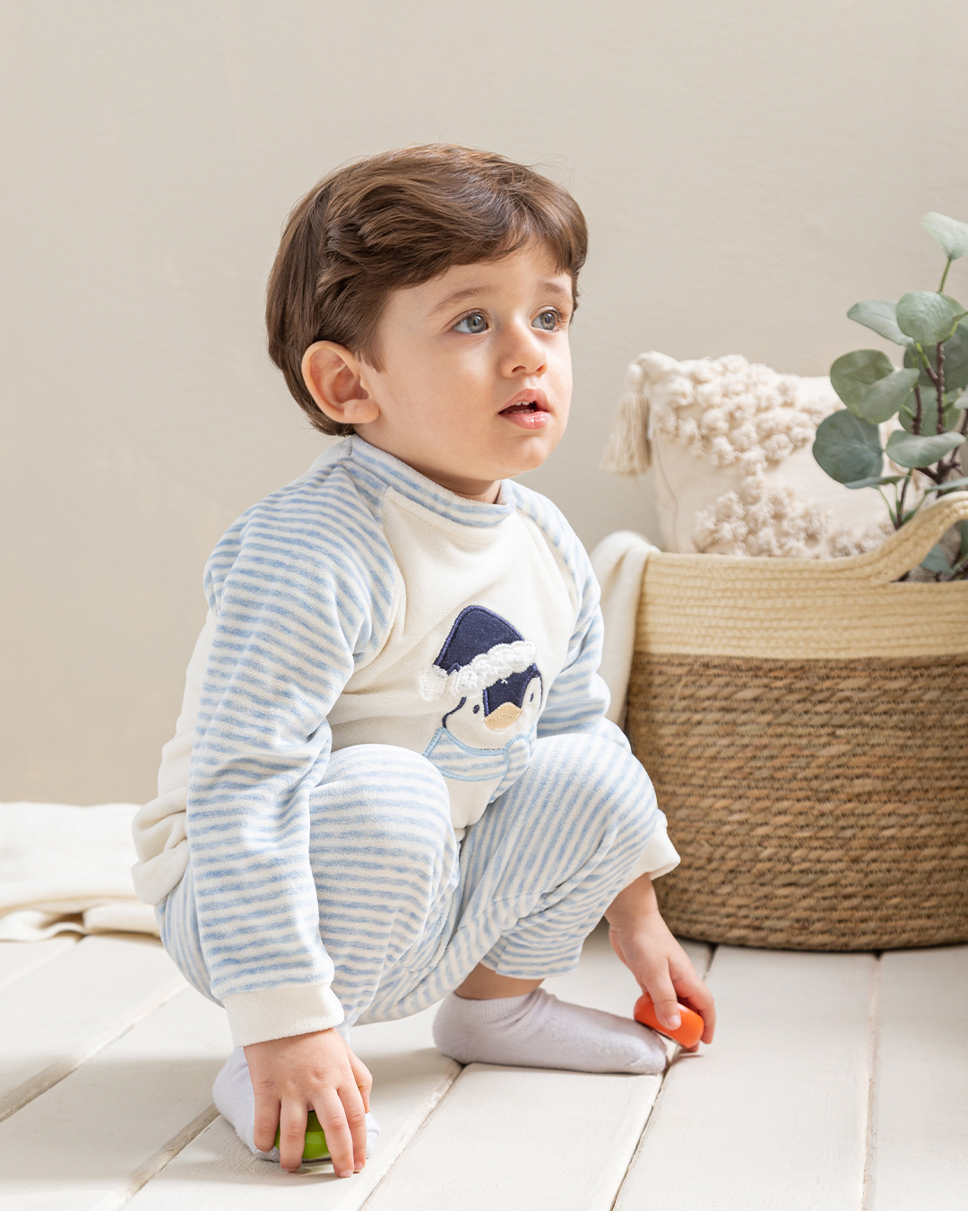 Merry Christmas baby boy's pajamas in a plush stripe penguin