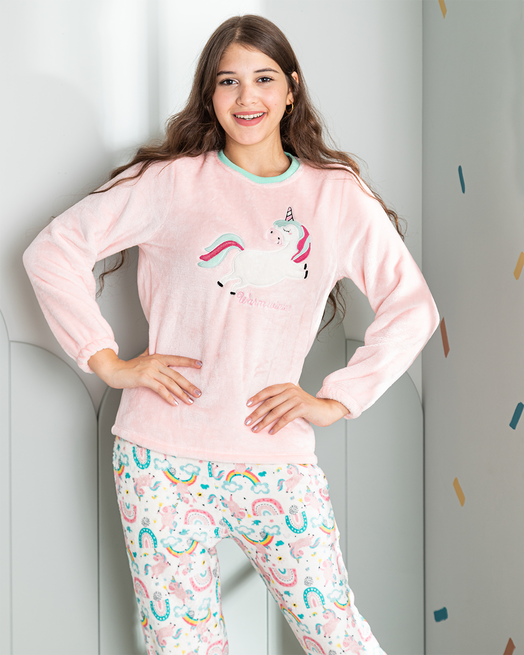 Warm winter girls' unicorn polar pajamas