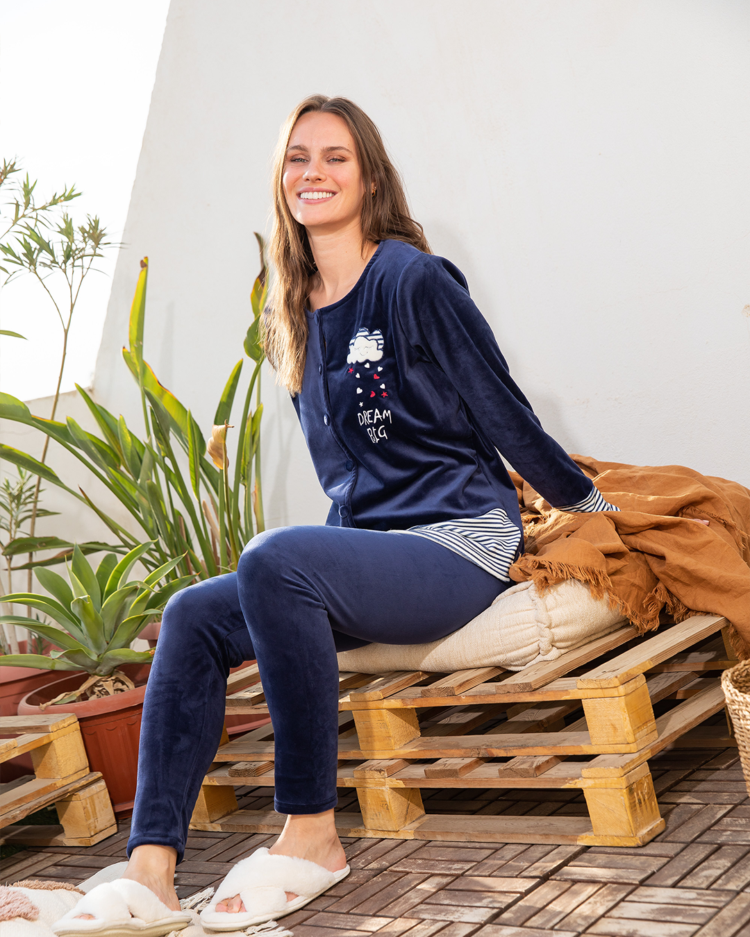 Women's pajamas with buttons embroidered with a cloud