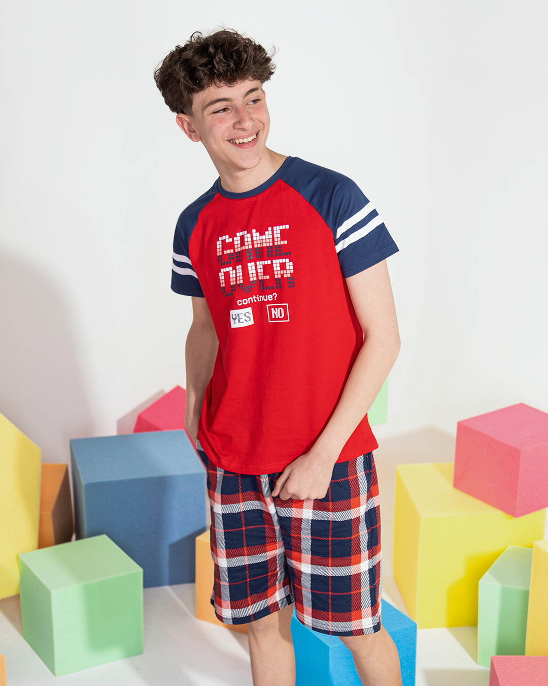 GAME OVER & RUN Boys' pajamas with check print