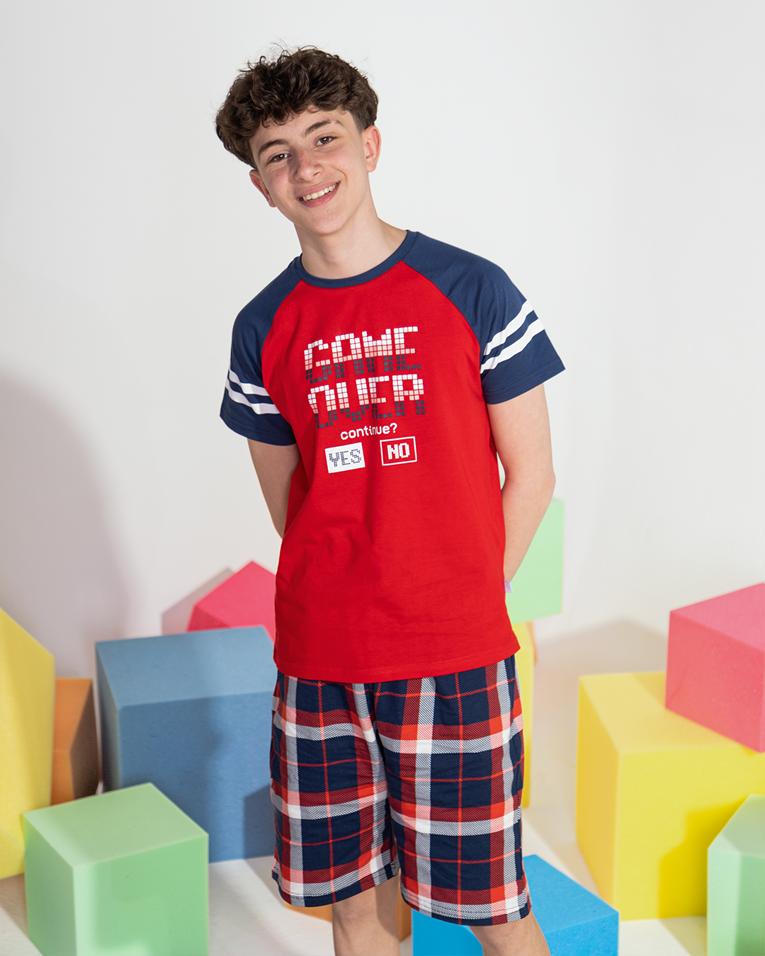 GAME OVER & RUN Boys' pajamas with check print