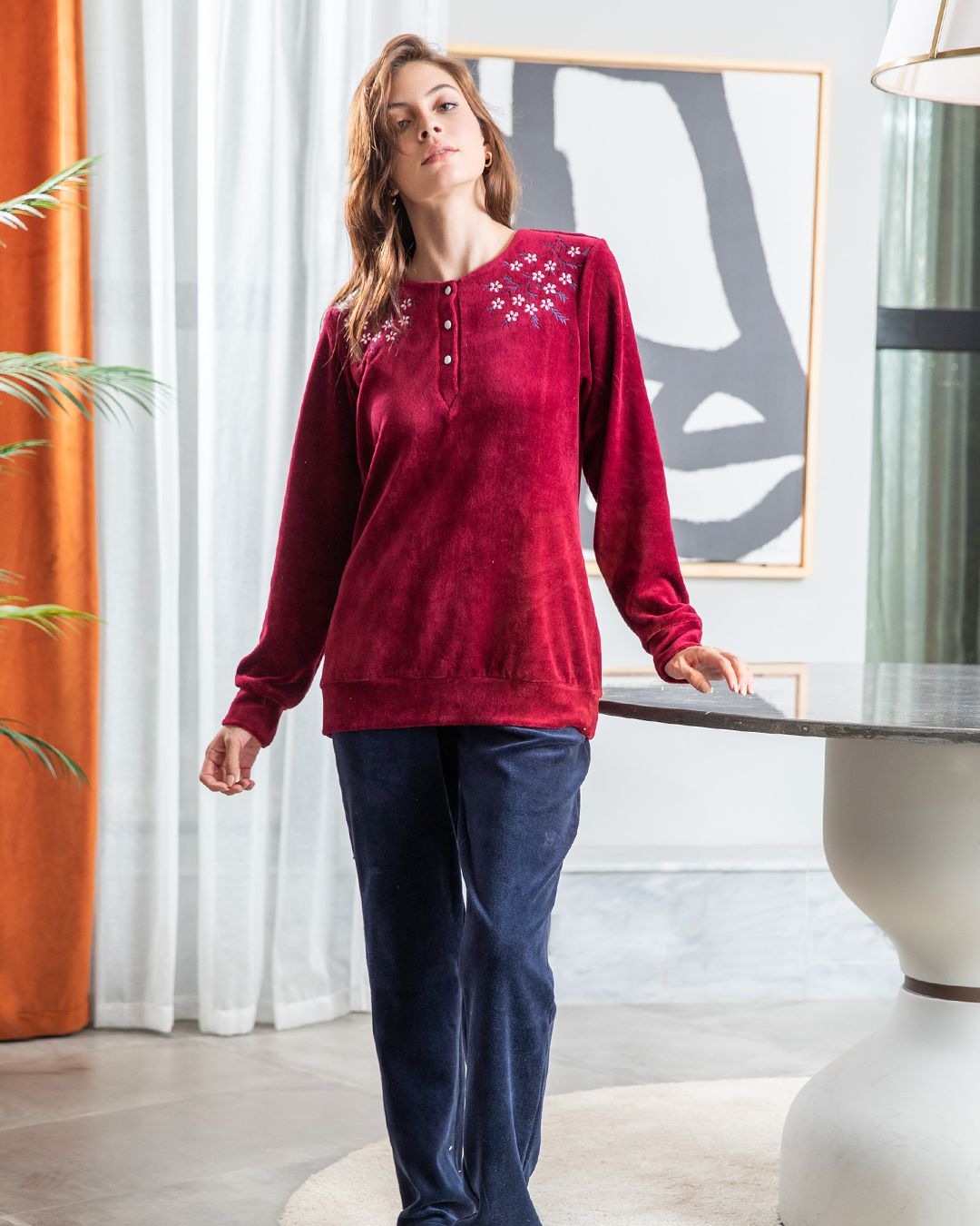 Women's pajamas, velor, round neck, embroidered on the shoulders