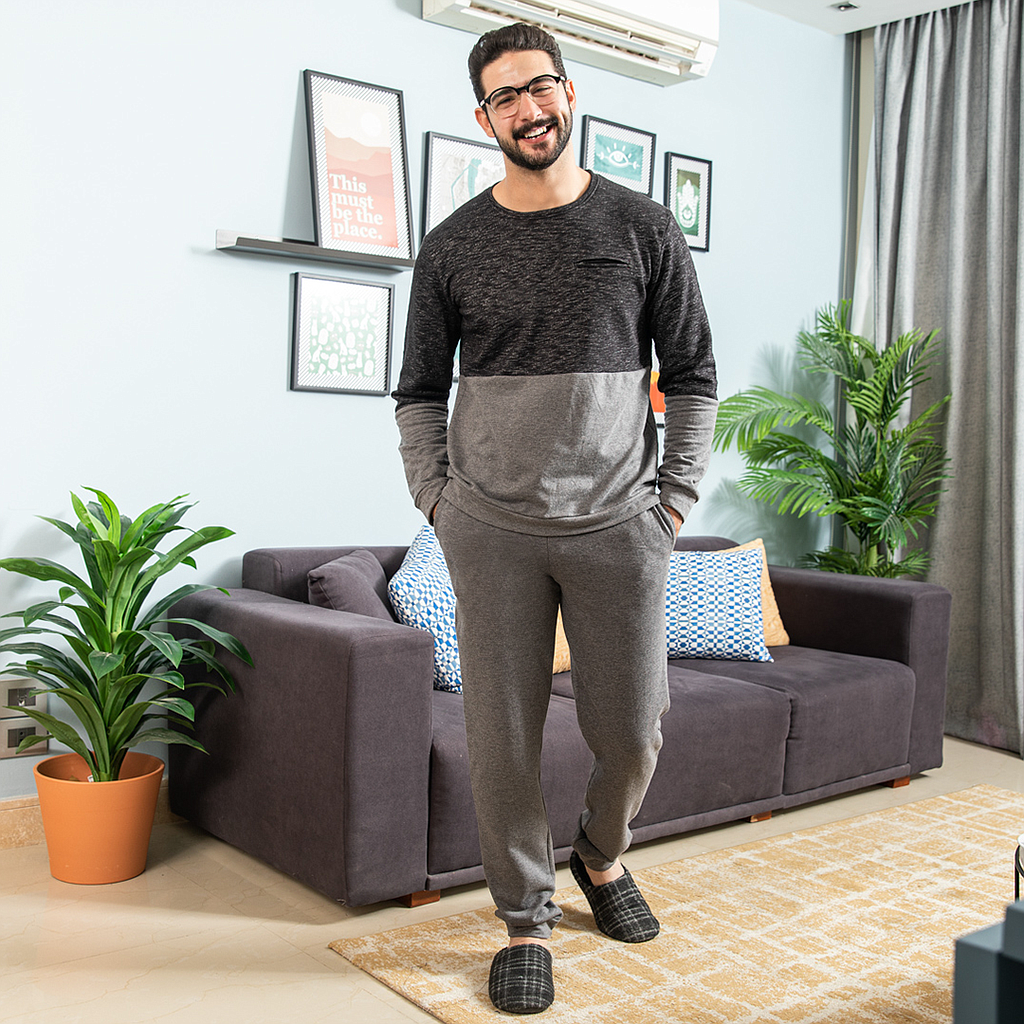 Men's pajamas in two halves with a zipper pocket
